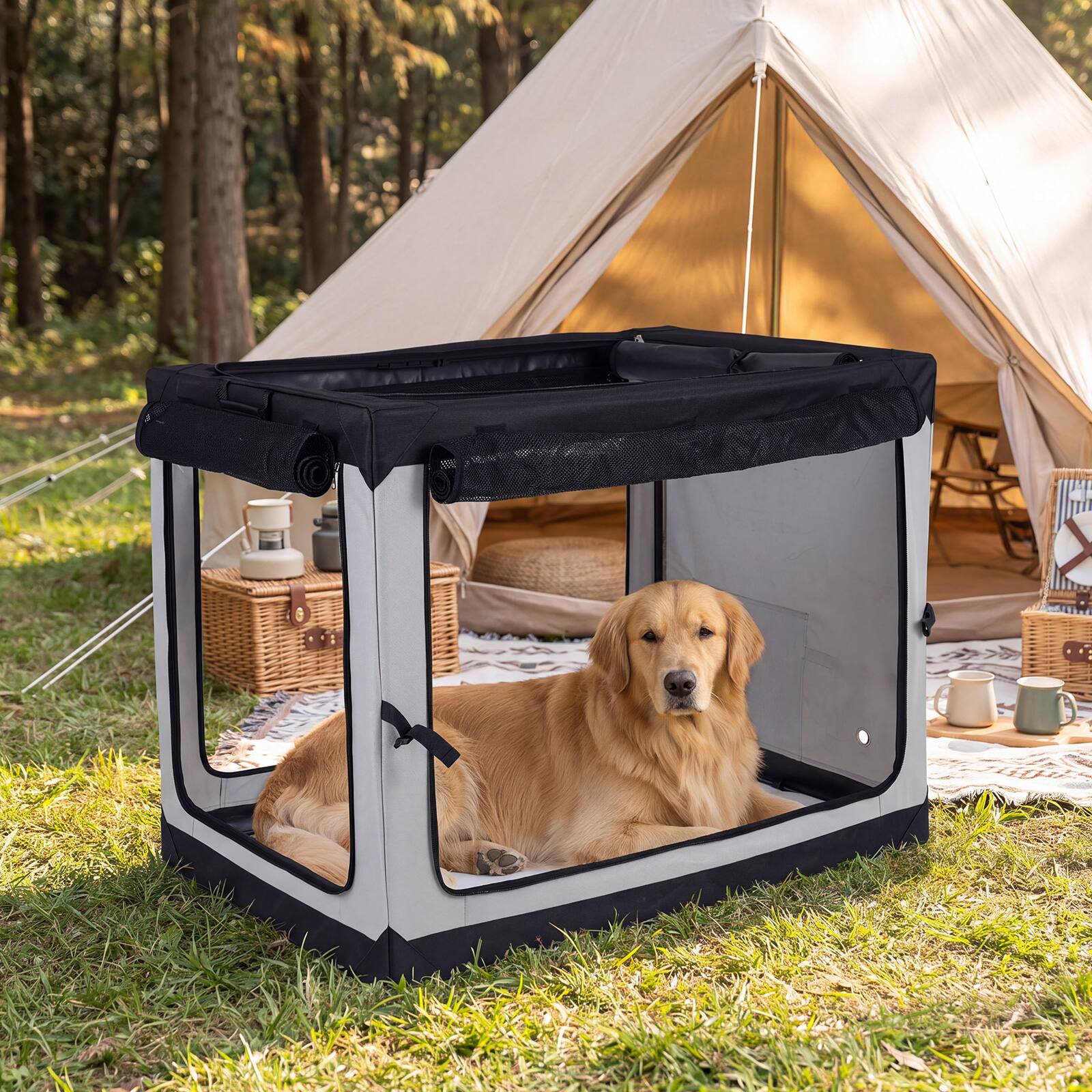Alt View 1. Costway - Costway 42" x 28" x 32" Portable Collapsible Soft Dog Crate with 4 Mesh Doors Removable Mat Storage Pocket.