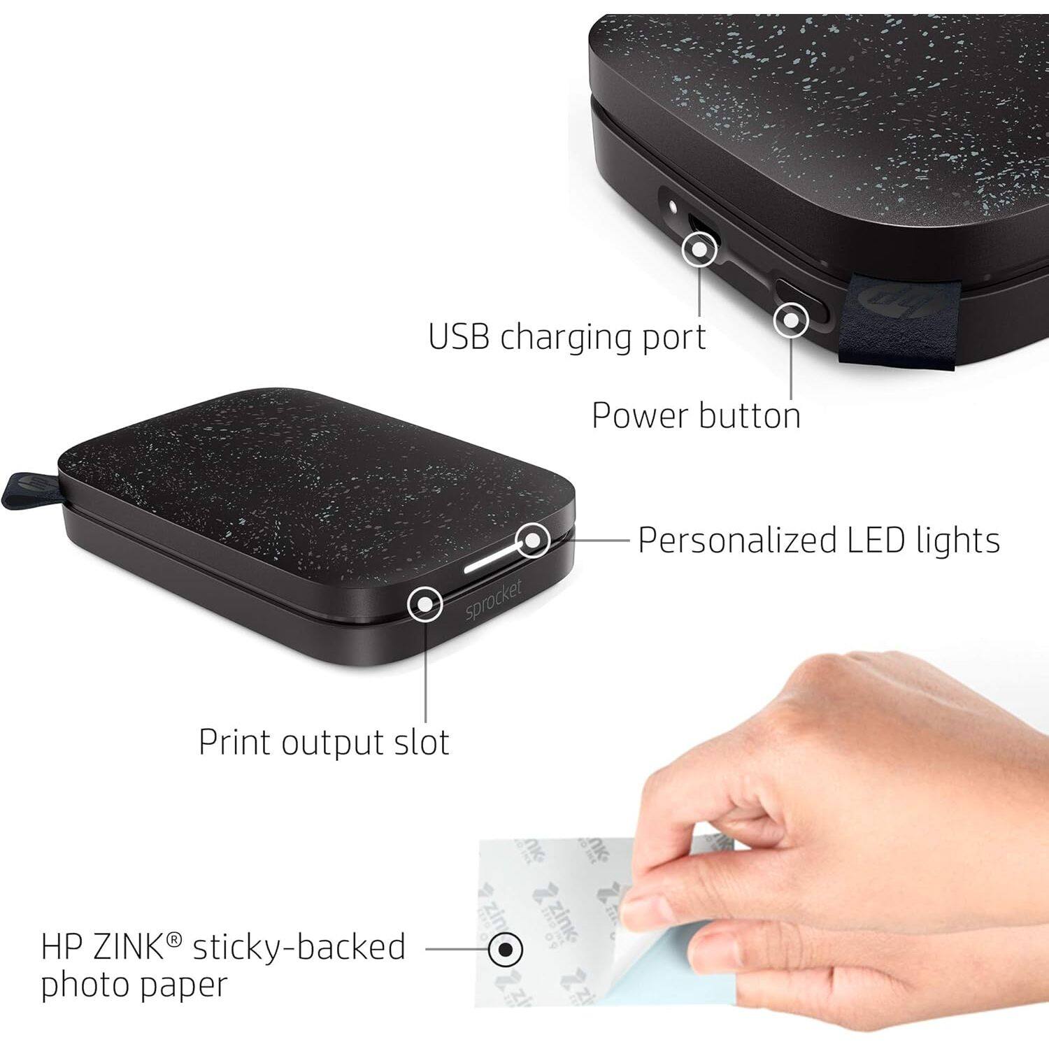 - USB charging port
- Power button
- Personalized LED lights
- Print output slot
- HP ZINK® sticky-backed photo paper