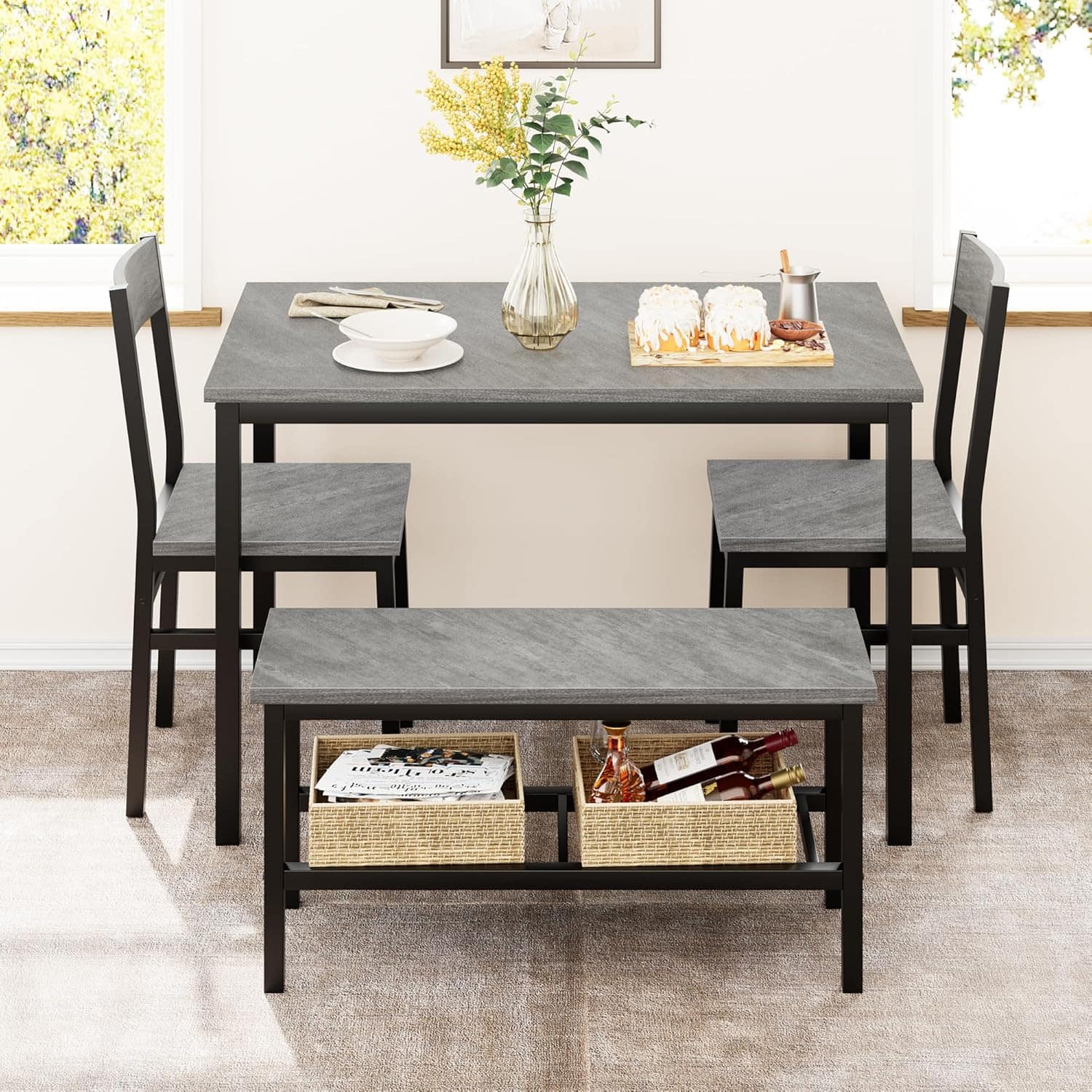 Homhougo - Dining Table Set for 4, Table, Chairs & Bench, Metal Frame, Storage Solution - Gray