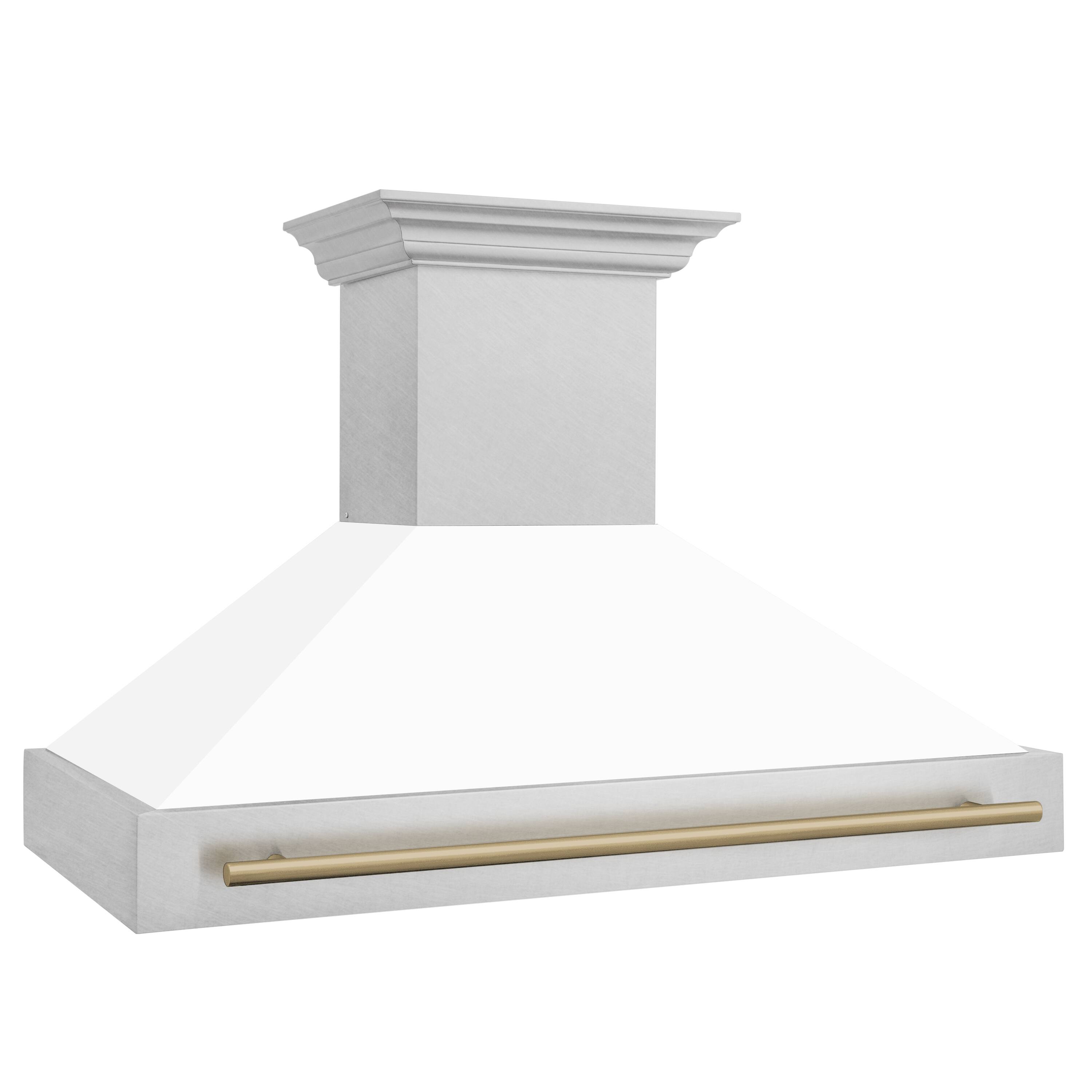 Angle. ZLINE - ZLINE Autograph 48 in. Satin Stainless Steel Wall Mount Range Hood with White Matte Shell and Champagne Bronze Handle - Satin Stainless Steel with White Matte Shell.