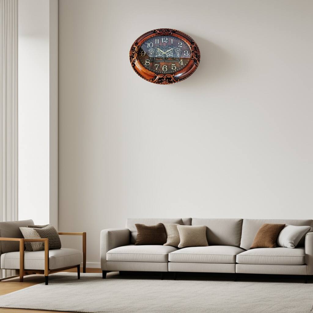 Angle. FC Design - 28"W Brown Ornate Islamic Themed Oval Wall Clock - Unique Gift - Multicolor.