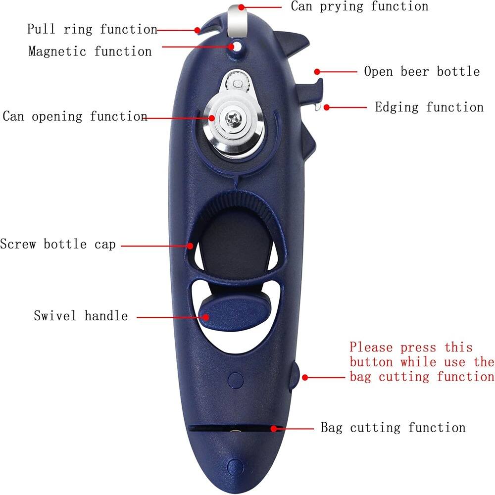 - Pull ring function
- Magnetic function
- Can opening function
- Screw bottle cap
- Swivel handle
- Can prying function
- Open beer bottle
- Edging function
- Bag cutting function
- Please press this button while use the bag cutting function