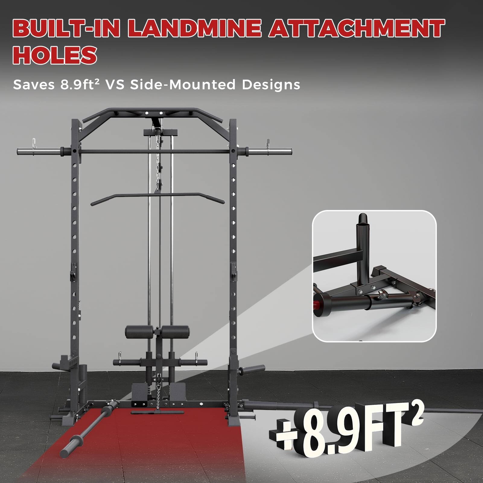 BUILT-IN LANDMINE ATTACHMENT HOLES

Saves 8.9ft² VS Side-Mounted Designs

+8.9FT²
