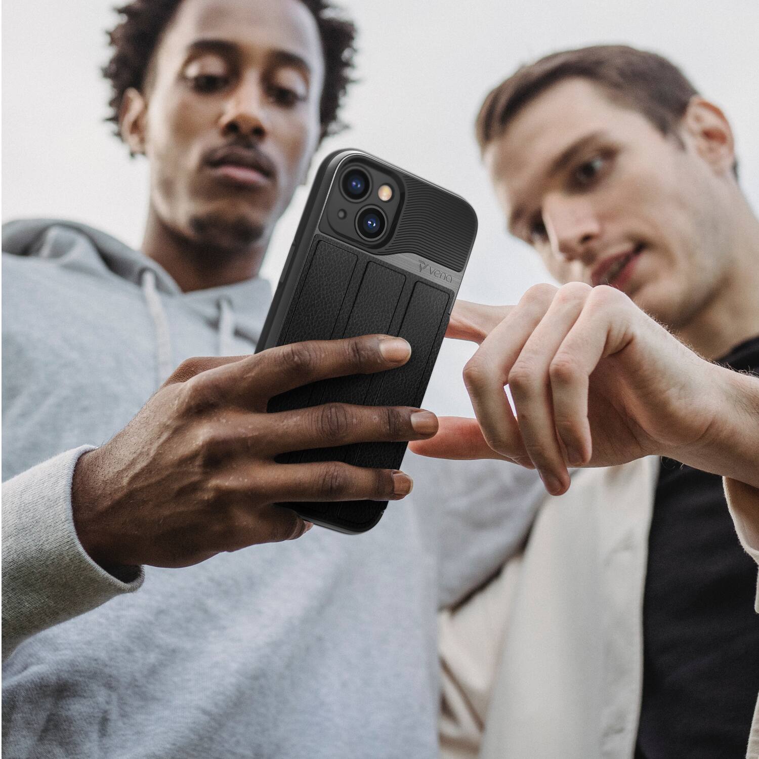 Angle. Vena - vCommute for Apple iPhone 14 Wallet Case, Leather Flip Cover with Card Slot and Kickstand - Black - Black.