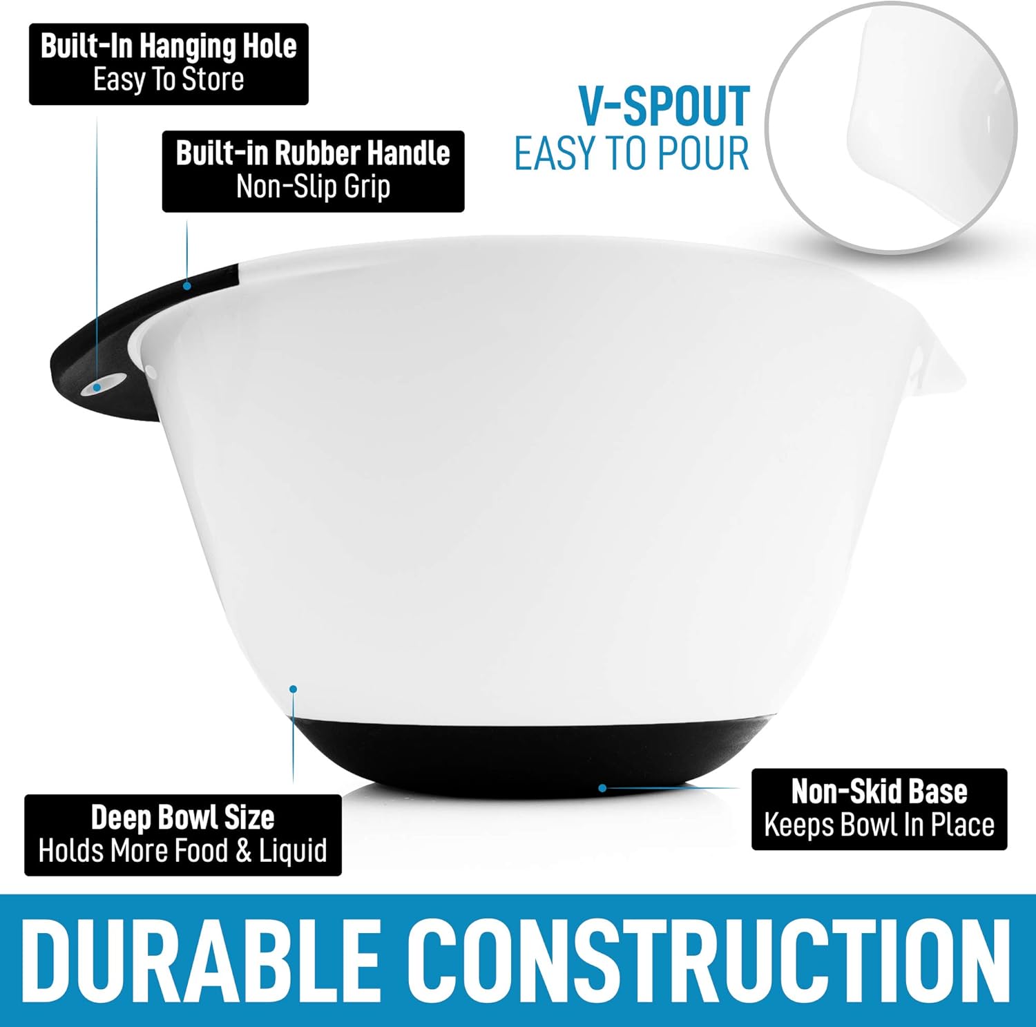 - Built-In Hanging Hole
  - Easy To Store

- Built-in Rubber Handle
  - Non-Slip Grip

- V-SPOUT
  - EASY TO POUR

- Deep Bowl Size
  - Holds More Food & Liquid

- Non-Skid Base
  - Keeps Bowl In Place

- DURABLE CONSTRUCTION