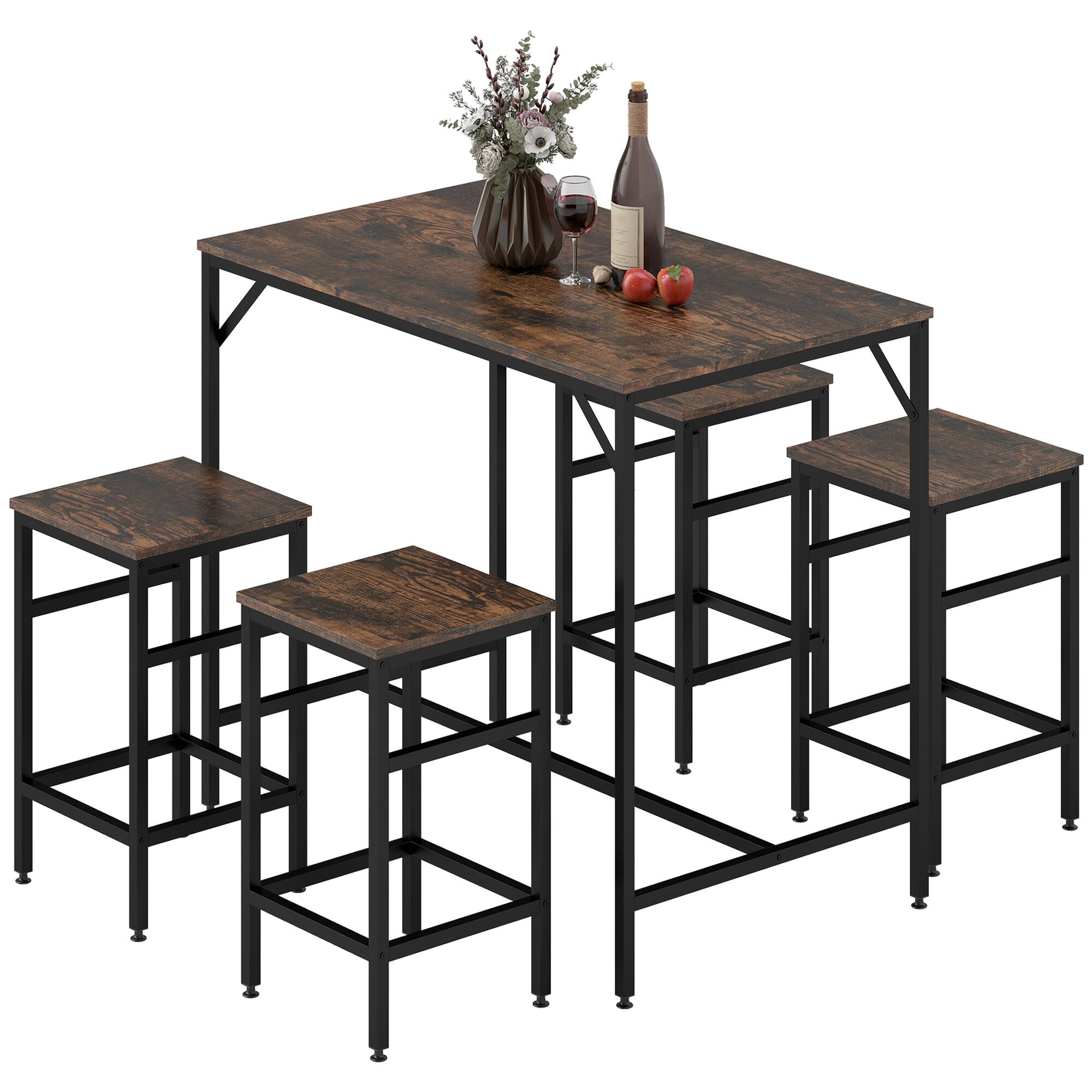 Front. Homcom - 5-Piece Industrial Dining Table Set, Bar Table & 4 Stools Set, Space Saving for Pub & Kitchen - Rustic Brown.