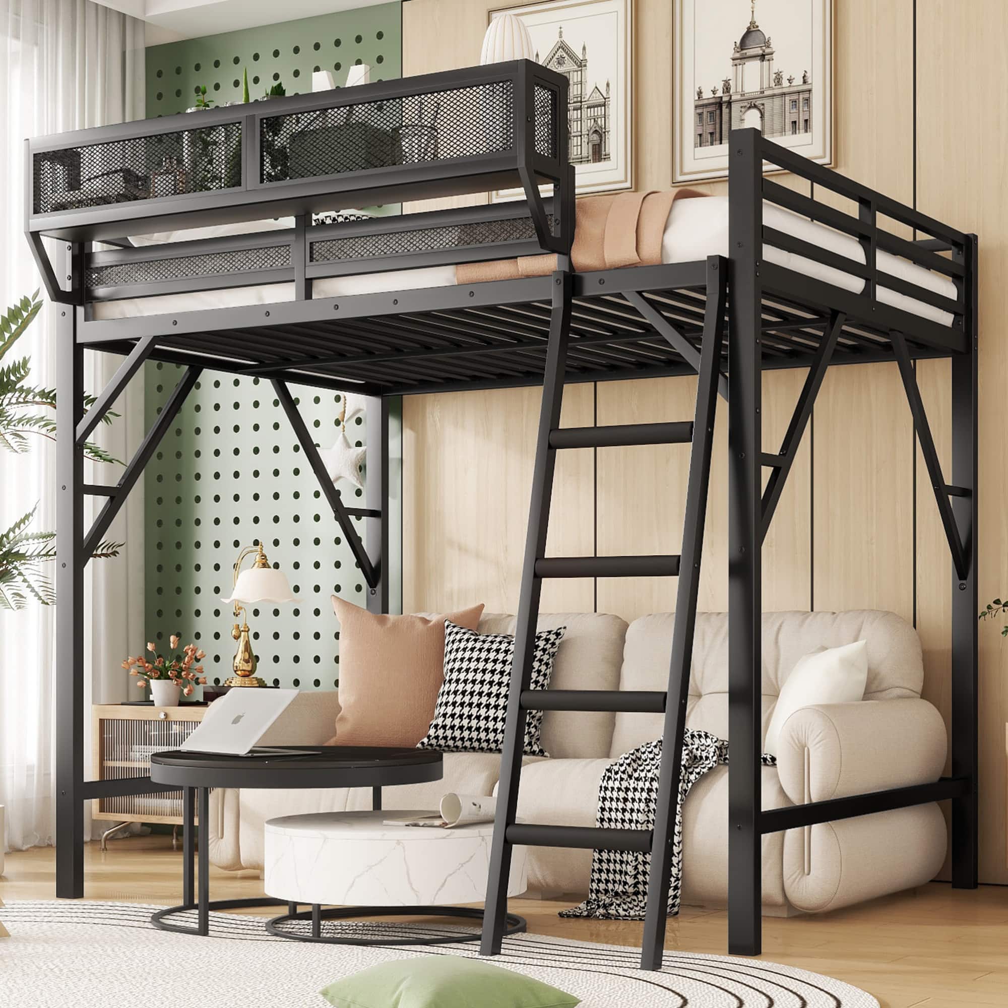 GOODSILO - Queen Size Metal Loft Bed with Storage Shelves and Ladder for Kids and Teens - Black