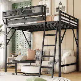 GOODSILO - Queen Size Metal Loft Bed with Storage Shelves and Ladder for Kids and Teens - Black
