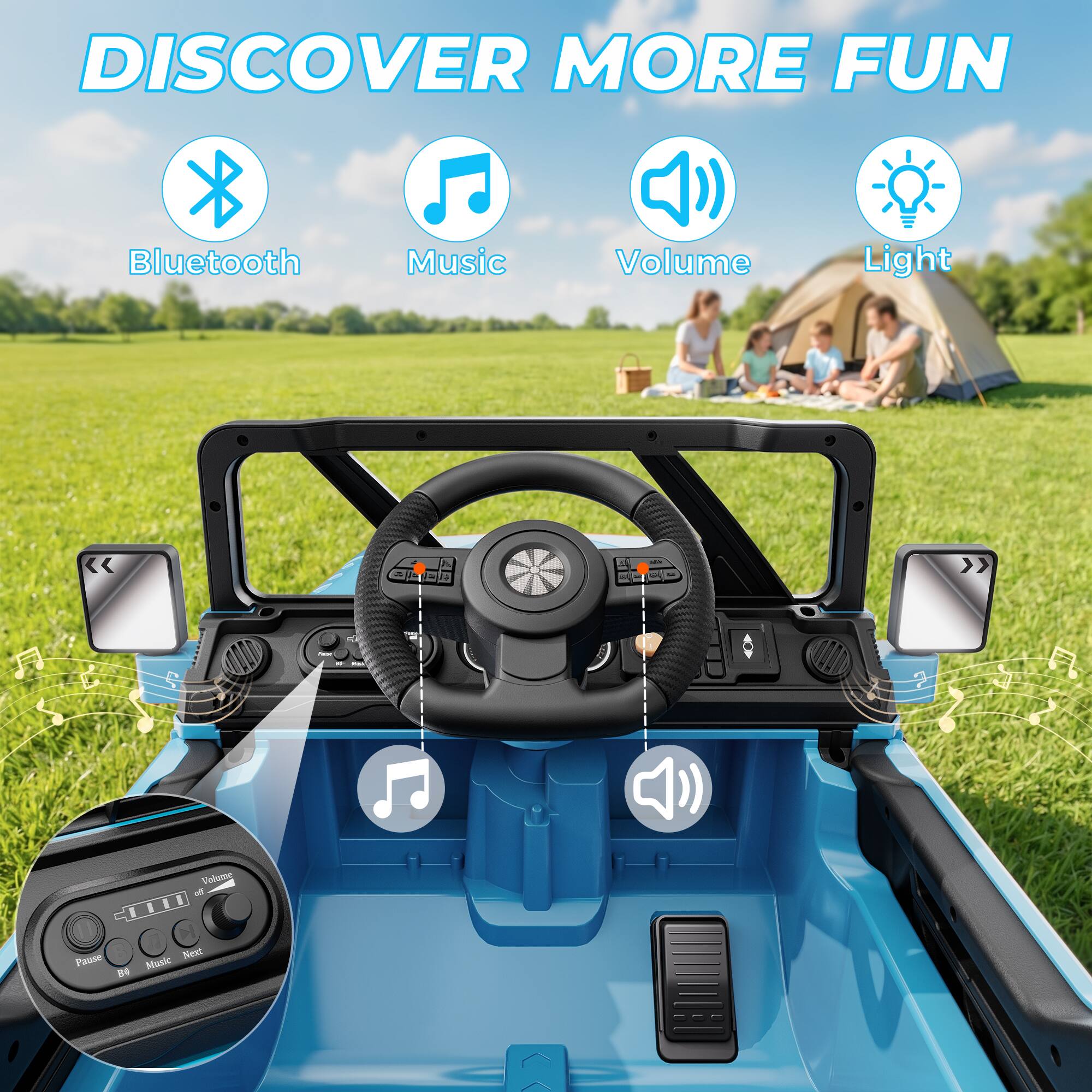 DISCOVER MORE FUN

Bluetooth
Music
Volume
Light

Volume of
Pause Next Music BV