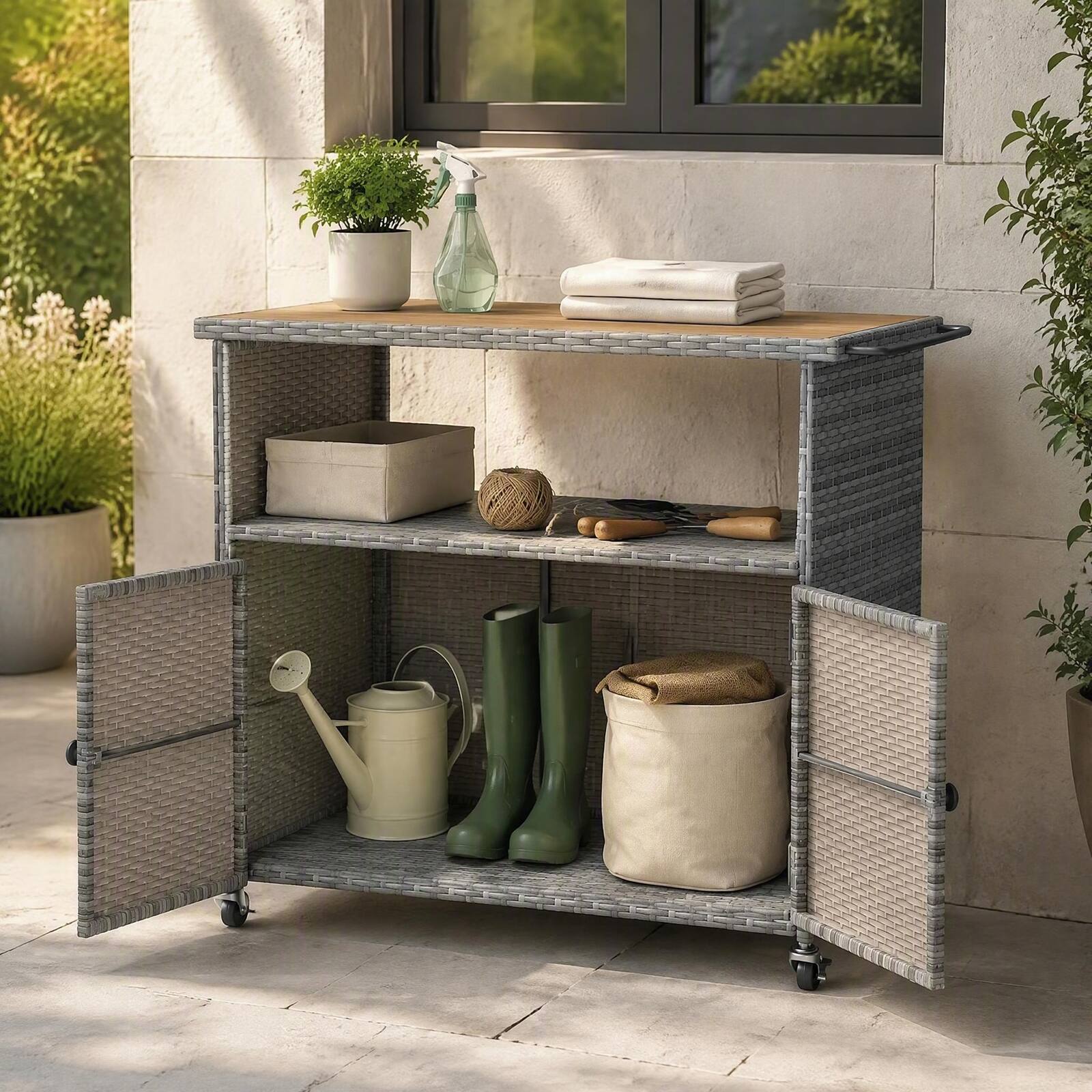 Alt View 1. Costway - Costway Outdoor Storage Cabinet with Acacia Wood Top 2 Doors Buffet Cabinet Sideboard - Mix Gray.