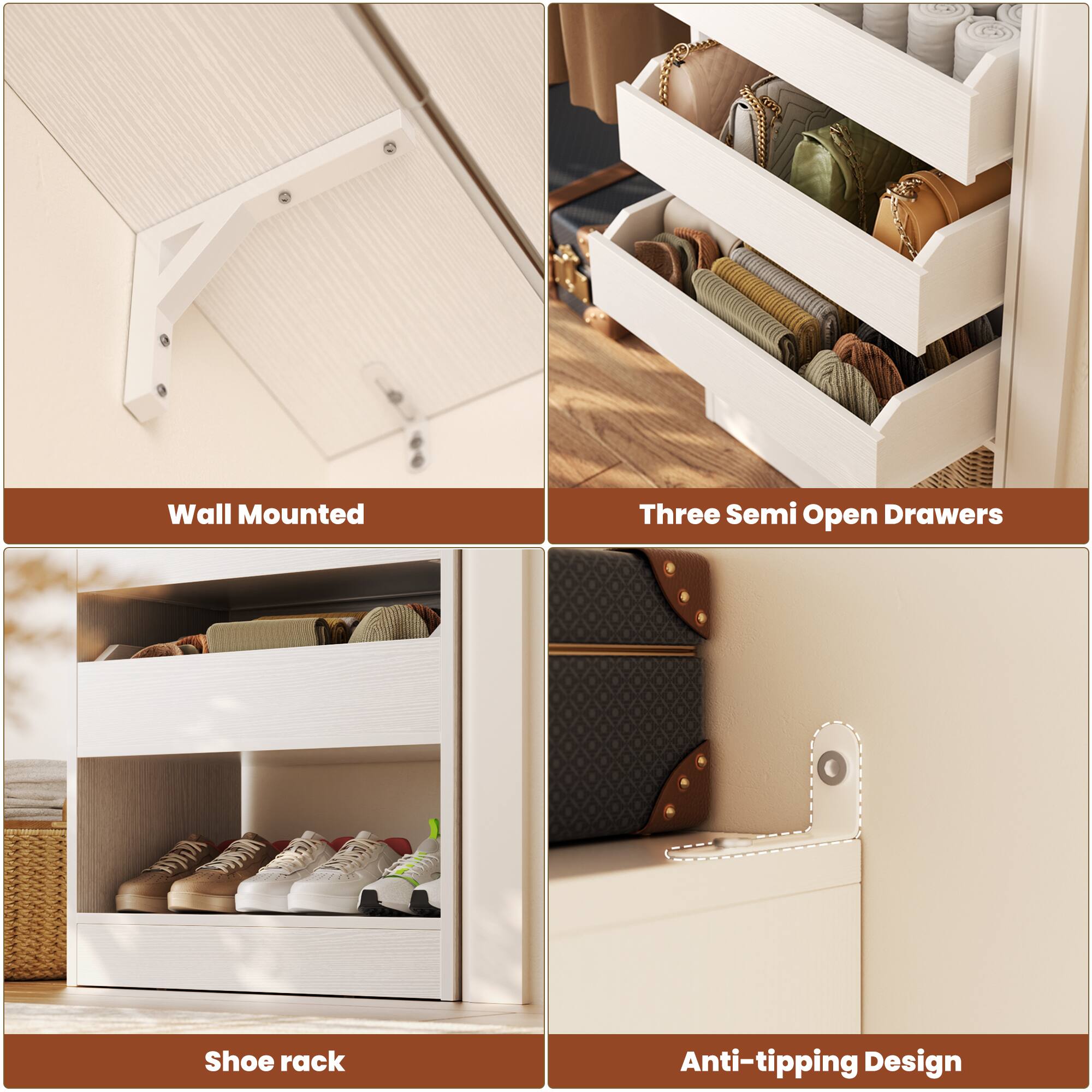 Wall Mounted Three Semi Open Drawers Shoe rack Anti-tipping Design