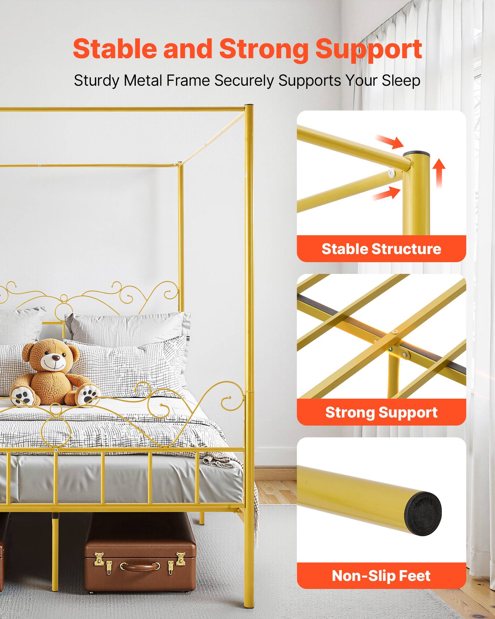 Stable and Strong Support  
Sturdy Metal Frame Securely Supports Your Sleep  

- Stable Structure  
- Strong Support  
- Non-Slip Feet