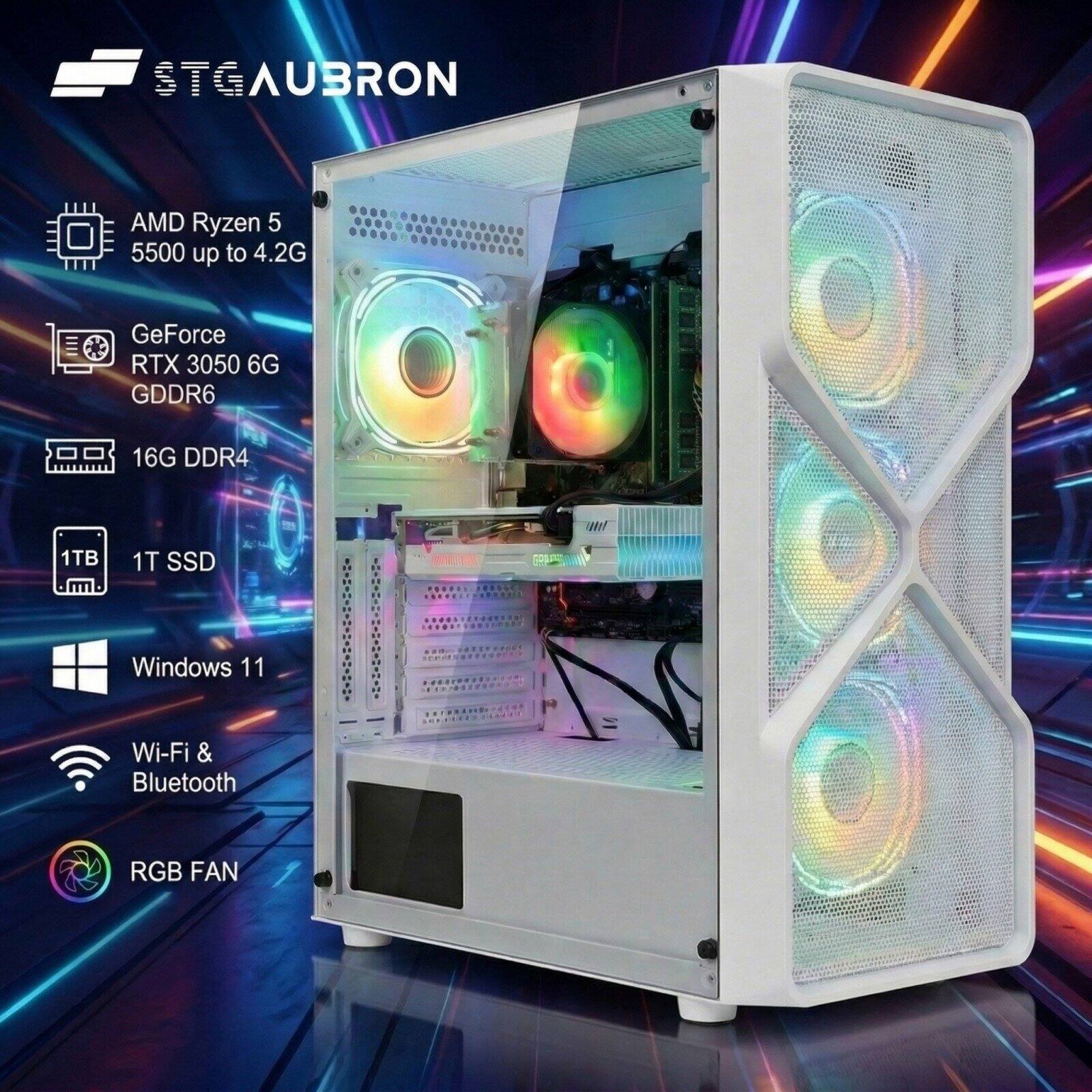 STGAUBRON  
AMD Ryzen 5 5500 up to 4.2G  
GeForce RTX 3050 6G GDDR6  
16G DDR4  
1TB 1T SSD  
Windows 11  
Wi-Fi & Bluetooth  
RGB FAN