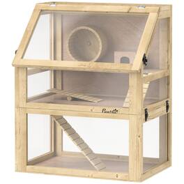 Pawhut - Tier Wooden Hamster Cage w/ Detachable Bottom, Hut, Seesaw, Exercise Wheel, Ramps