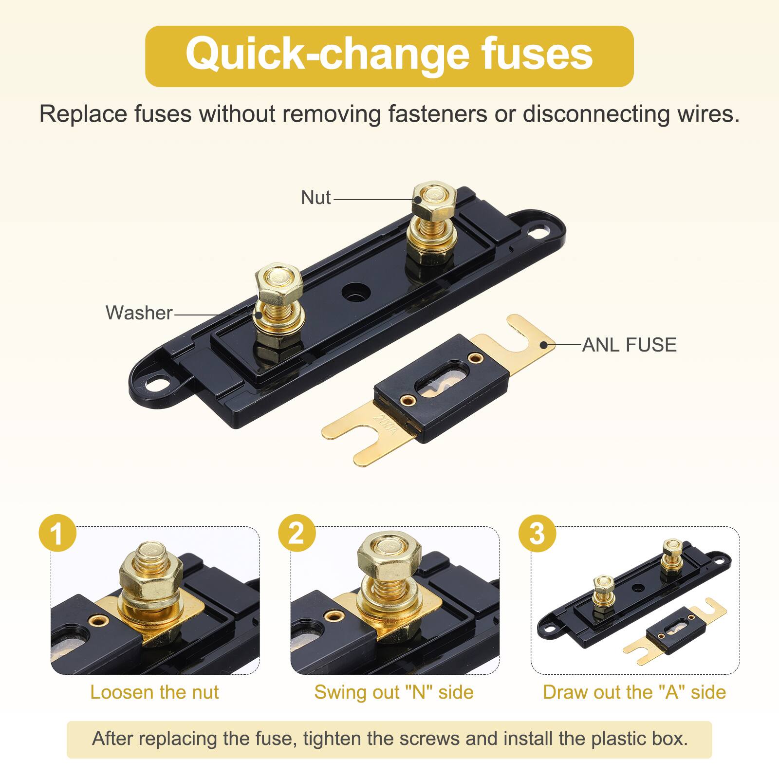 Quick-change fuses  
Replace fuses without removing fasteners or disconnecting wires.  

1. Loosen the nut  
2. Swing out "N" side  
3. Draw out the "A" side  

After replacing the fuse, tighten the screws and install the plastic box.