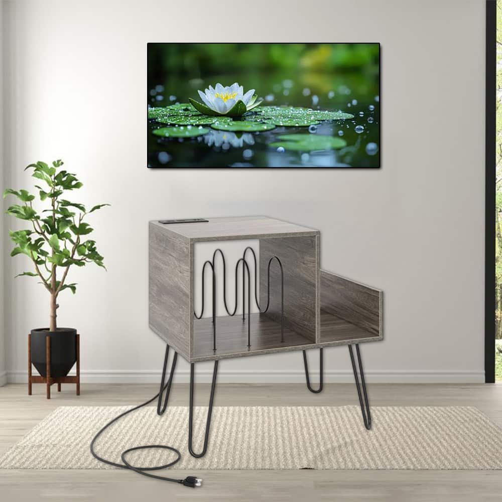 Hivvago - Vintage-Style Turntable Table with Power Socket and Record Organizer - Gray