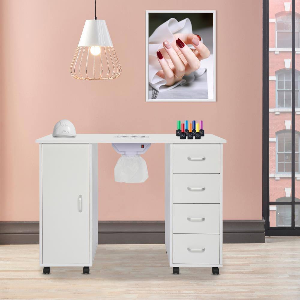 Angle. Winado - Manicure Nail Table Manicure Station Nail Desk Spa Salon Desk with Dust Fan & Drawers & Cabinet & Wheels for Beauty Home - White.