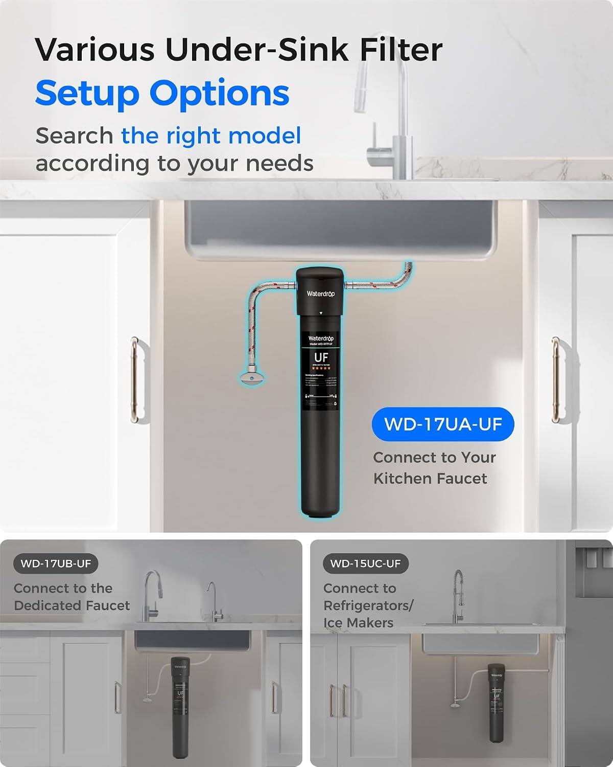 Various Under-Sink Filter Setup Options  
Search the right model according to your needs

Waterdrop  
UF  
WD-17UA-UF  
Connect to Your Kitchen Faucet

WD-17UB-UF  
Connect to the Dedicated Faucet

WD-15UC-UF  
Connect to Refrigerators/ Ice Makers