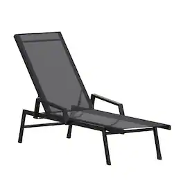 Emma + Oliver - Braelin Textilene Adjustable 5 Position Patio Chaise Lounge with Armrests and Metal Frame - Black/Black