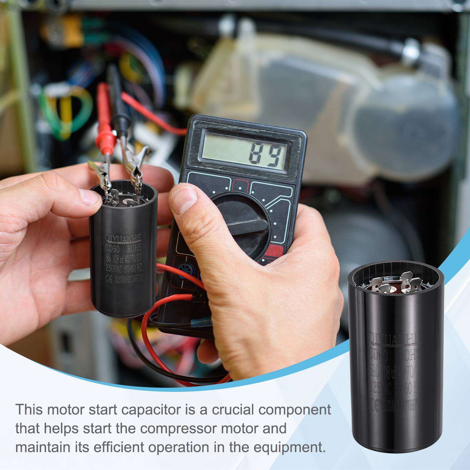 89 QLYUANHE CD60 ROHS 88-108 1 40/70 20 250VAD 50-60 H CE

This motor start capacitor is a crucial component that helps start the compressor motor and maintain its efficient operation in the equipment.