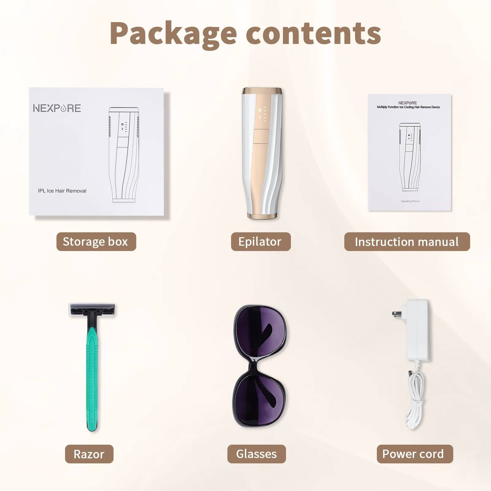 Package contents

- Storage box
- Epilator
- Instruction manual
- Razor
- Glasses
- Power cord