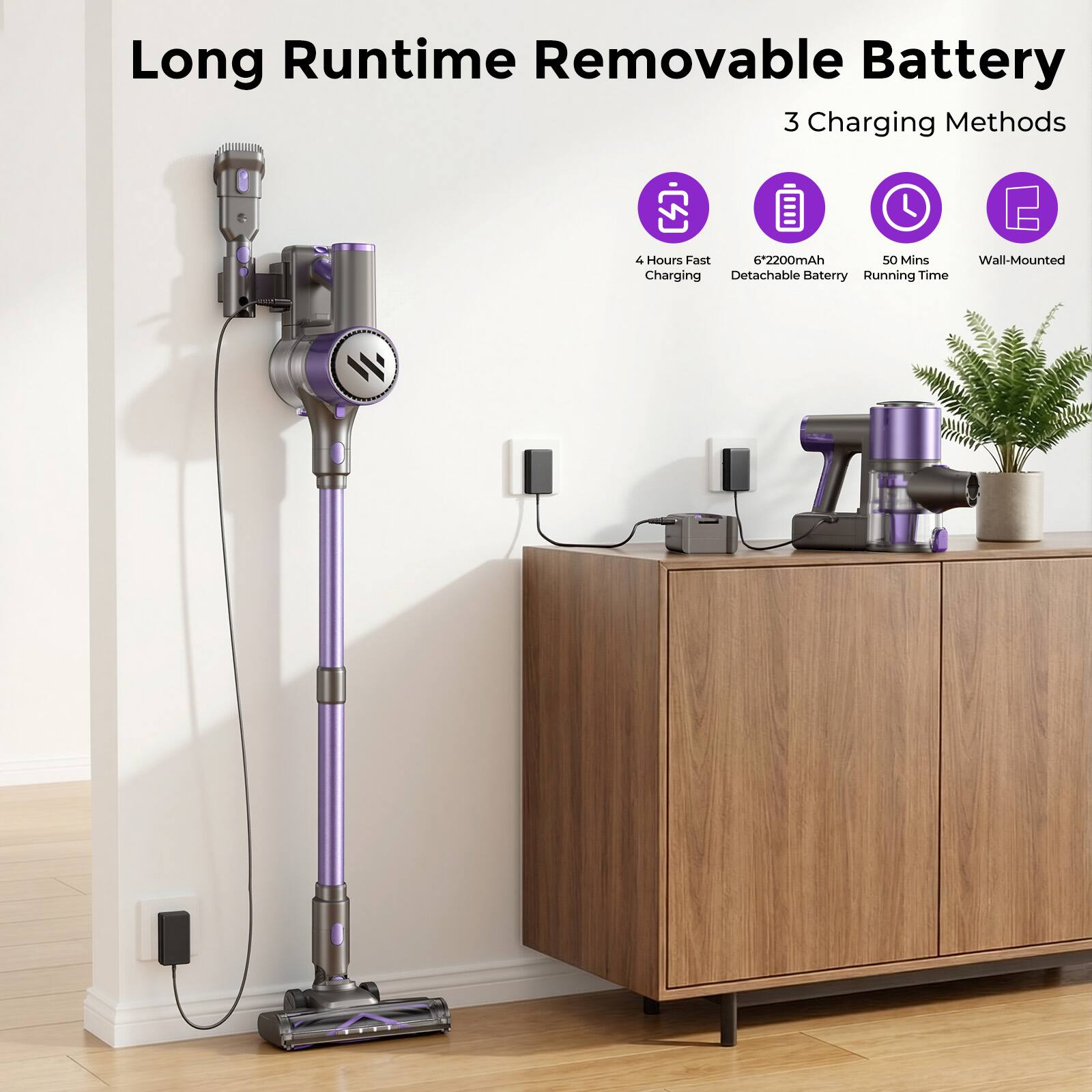 Long Runtime Removable Battery  
3 Charging Methods  
4 Hours Fast Charging  
62200mAh Detachable Battery  
50 Mins Running Time  
Wall-Mounted Charging