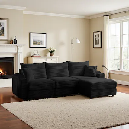 Front. Meqiodas - Corduroy L-Shaped Sectional Sofa with Ottoman, Comfy Cloud Couch with Charger, Cup Holders & Armrest Storage - Black(3+1).