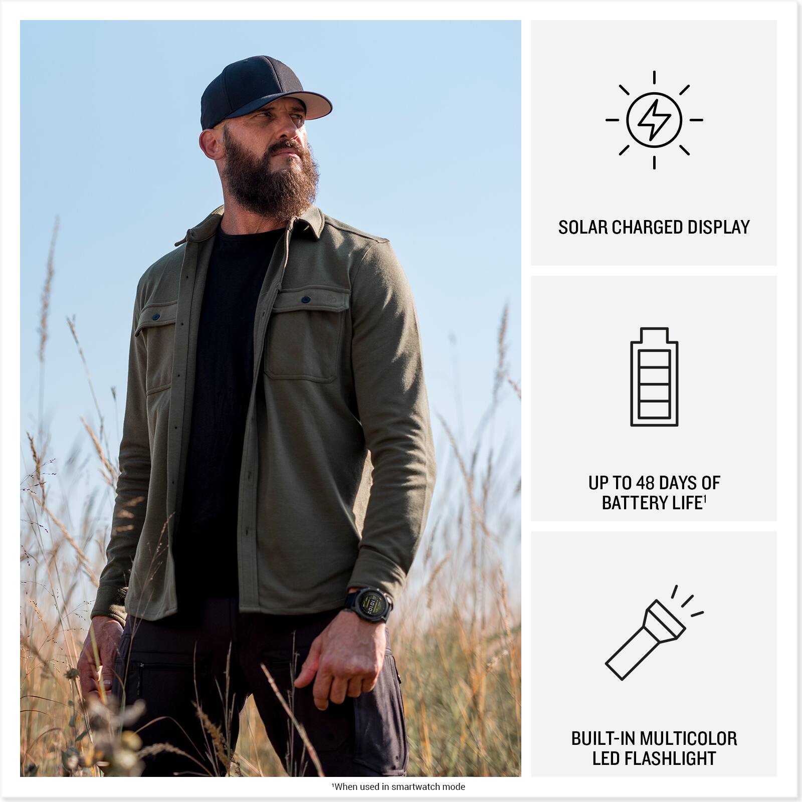 - SOLAR CHARGED DISPLAY
- UP TO 48 DAYS OF BATTERY LIFE*
- BUILT-IN MULTICOLOR LED FLASHLIGHT

*When used in smartwatch mode