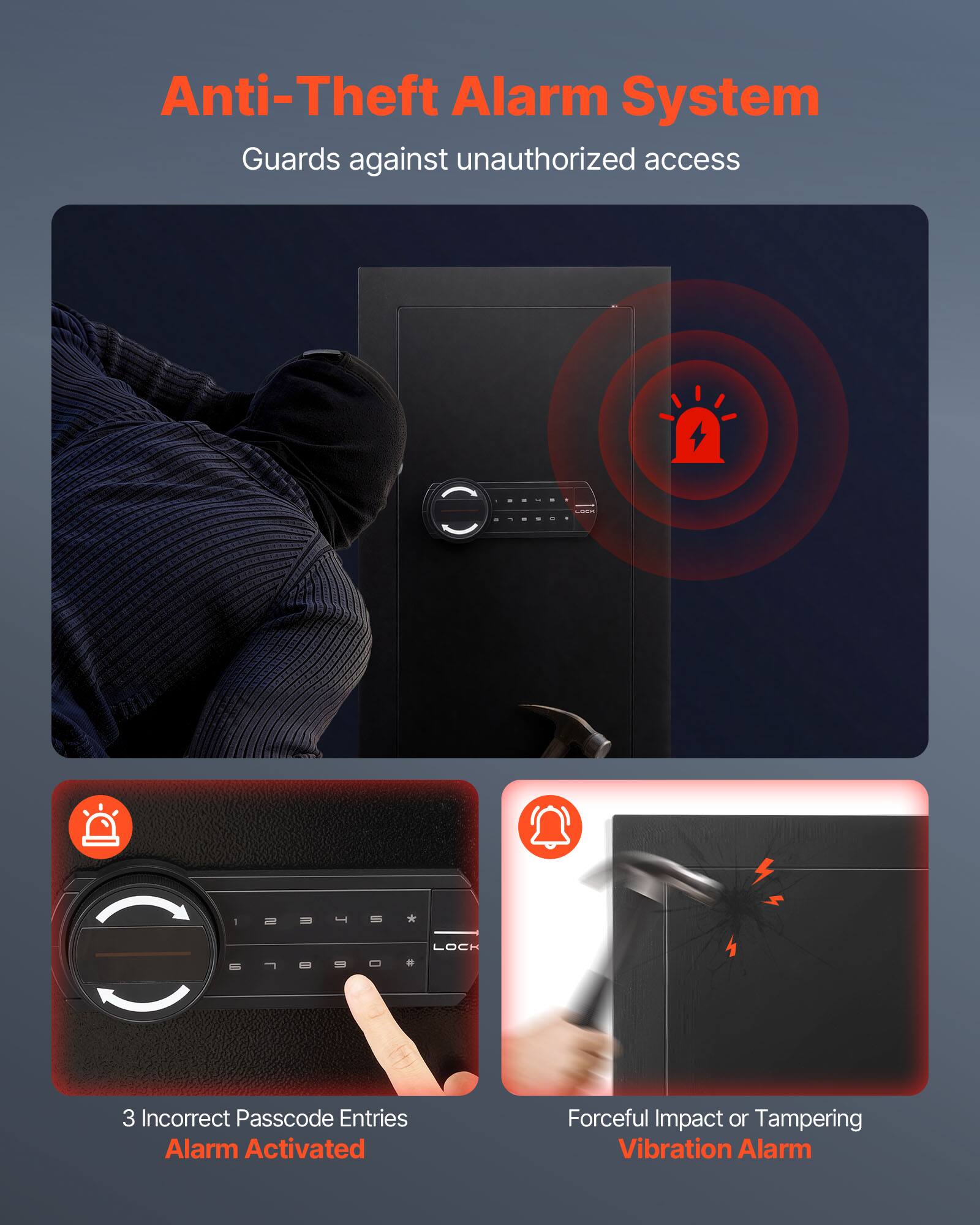 Anti-Theft Alarm System  
Guards against unauthorized access  

- 3 Incorrect Passcode Entries  
  Alarm Activated  

- Forceful Impact or Tampering  
  Vibration Alarm