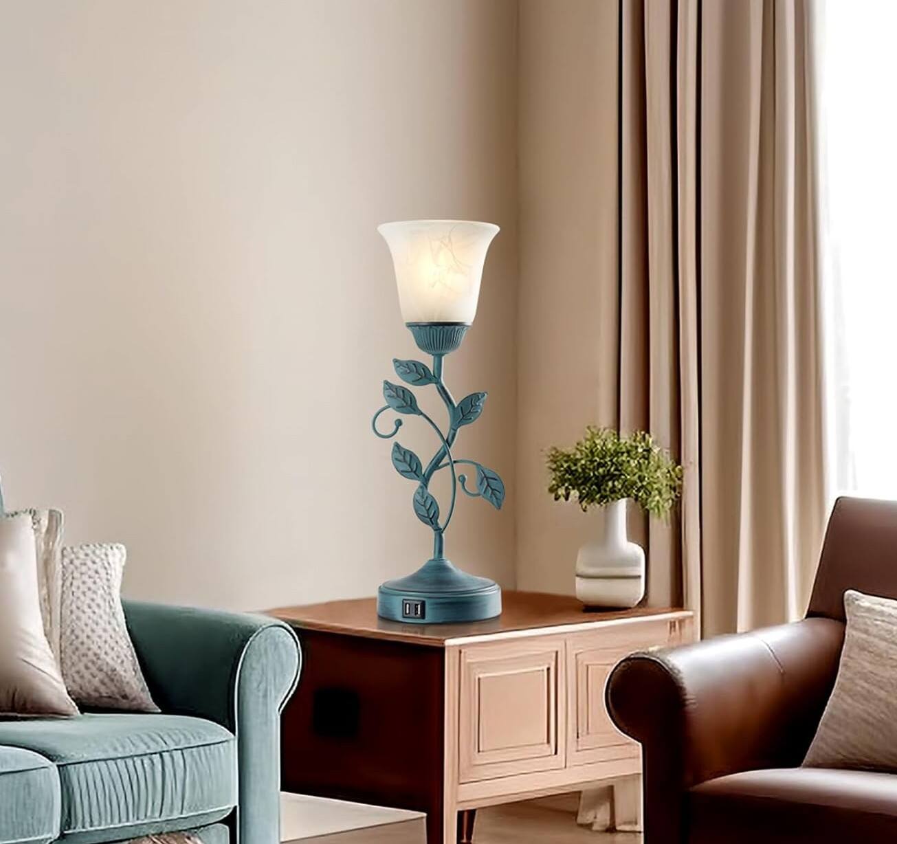 Alt View 4. FINEAK - Vintage Table Lamp with Touch Control & Dual USB Charging - 1 Pack - Retro Green.