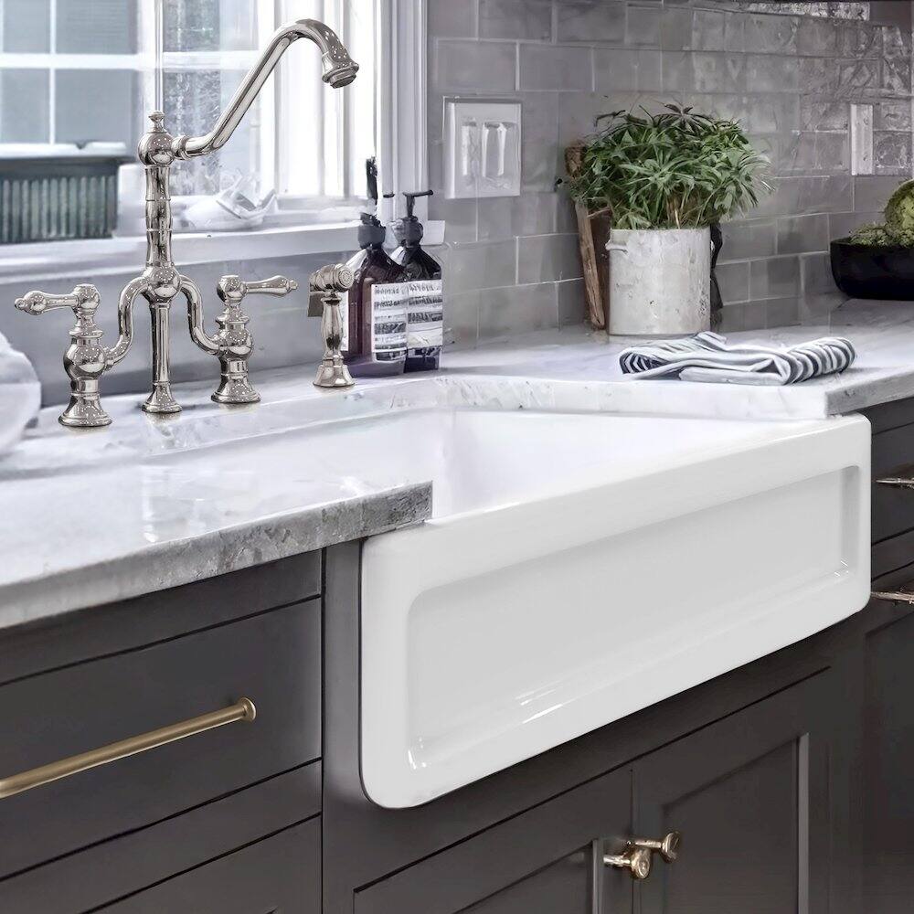 Angle. Whitehaus - Shakerhaus 33" Reversible Kitchen Fireclay Sink - White.