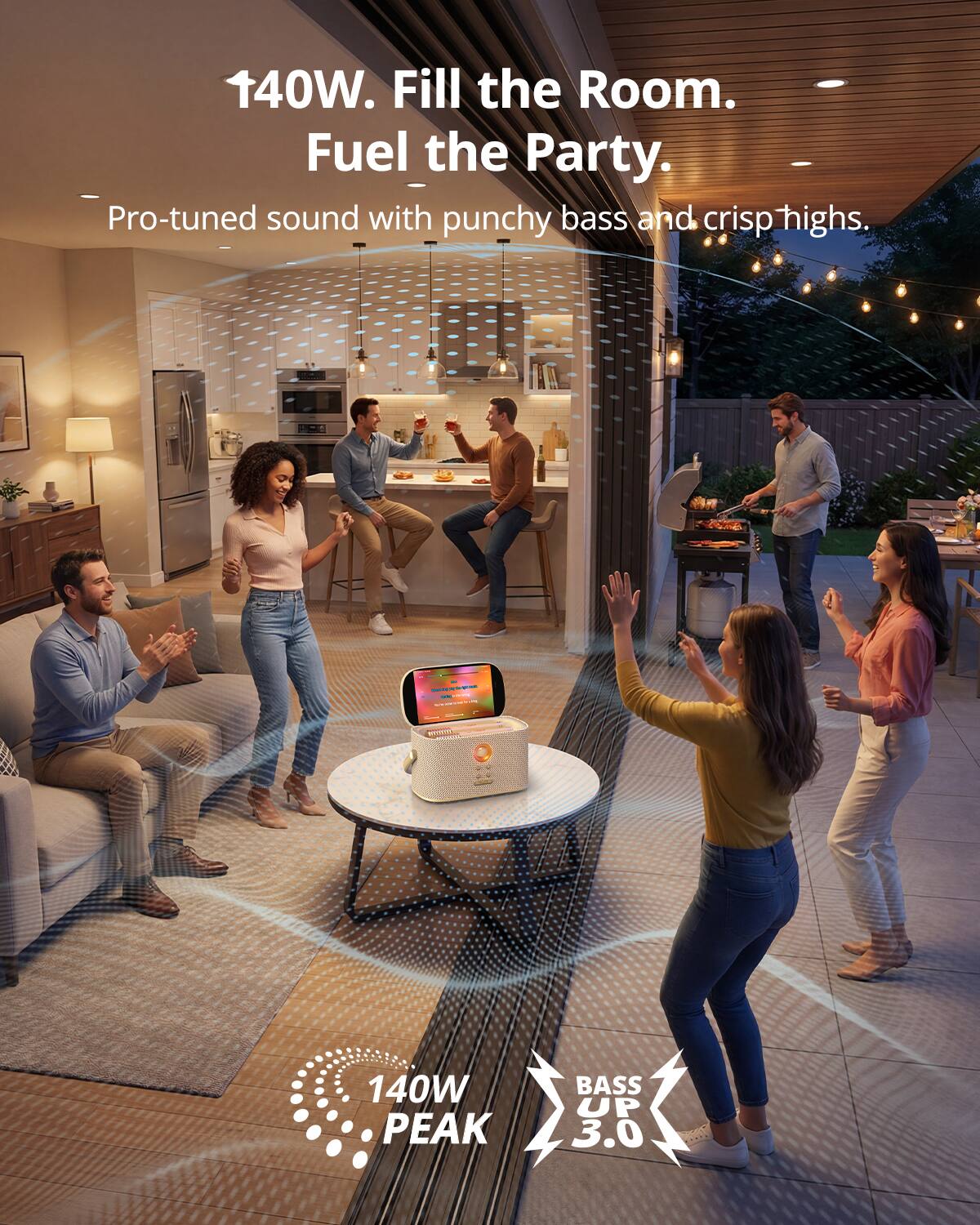 140W. Fill the Room. Fuel the Party.  
- Pro-tuned sound with punchy bass and crisp highs.  

140W PEAK  
BASS UP 3.0