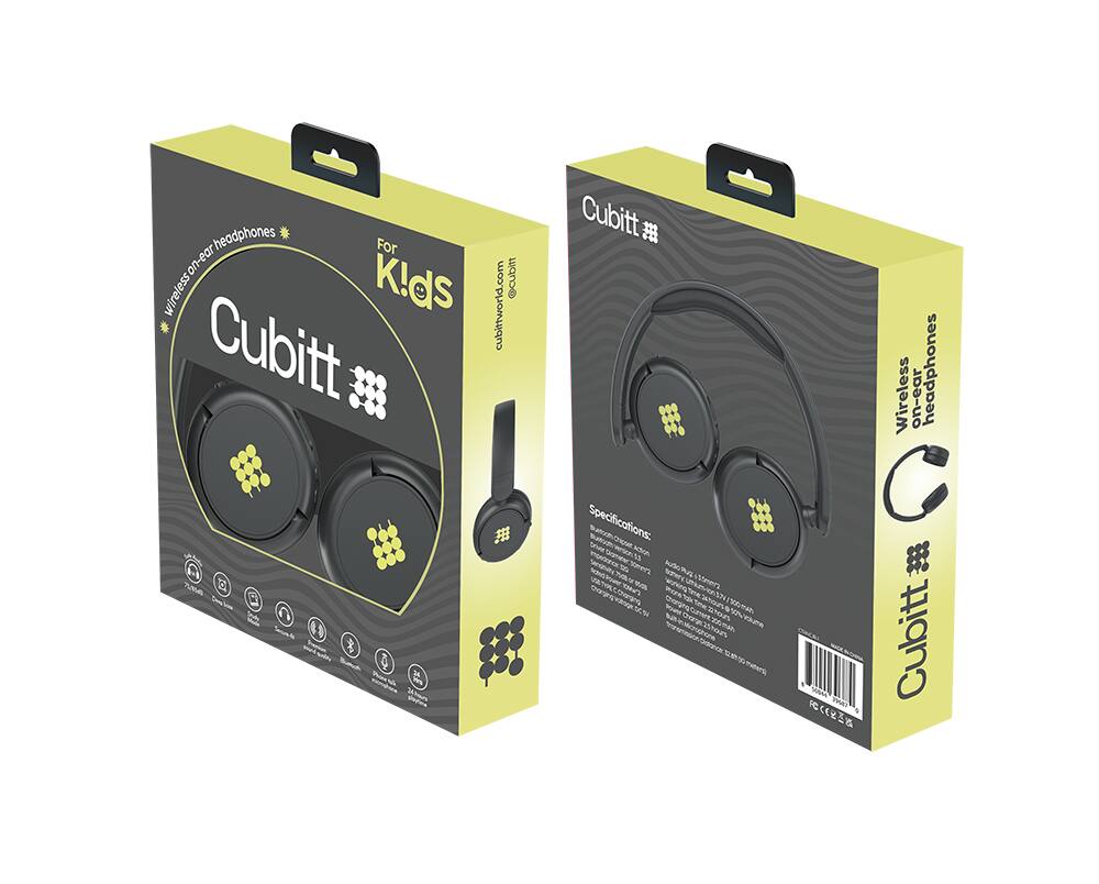 Cubitt  
Wireless on-ear headphones for kids  
cubittworld.com @cubitt  

Specifications:  
- Bluetooth 4.2  
- Wireless range: 10m  
- Battery life: 10 hours  
- Charging time: 2 hours  
- Frequency response: 20Hz - 20kHz  
- Sensitivity: 95dB  
- Impedance: 32Ω  
- Weight: 130g  
- Compatibility: iOS, Android, PC, Mac  

Cubitt  
Wireless on-ear headphones  
cubittworld.com @cubitt  

Specifications:  
- Bluetooth 4.2  
- Wireless range: 10m  
- Battery life: 10 hours  
- Charging time: 2 hours  
- Frequency response: 20Hz - 20kHz  
- Sensitivity: 95dB  
- Impedance: 32Ω  
- Weight: 130g  
- Compatibility: iOS, Android, PC, Mac  

Cubitt  
Wireless on-ear headphones  
cubittworld.com @cubitt  

Specifications:  
- Bluetooth 4.2  
- Wireless range