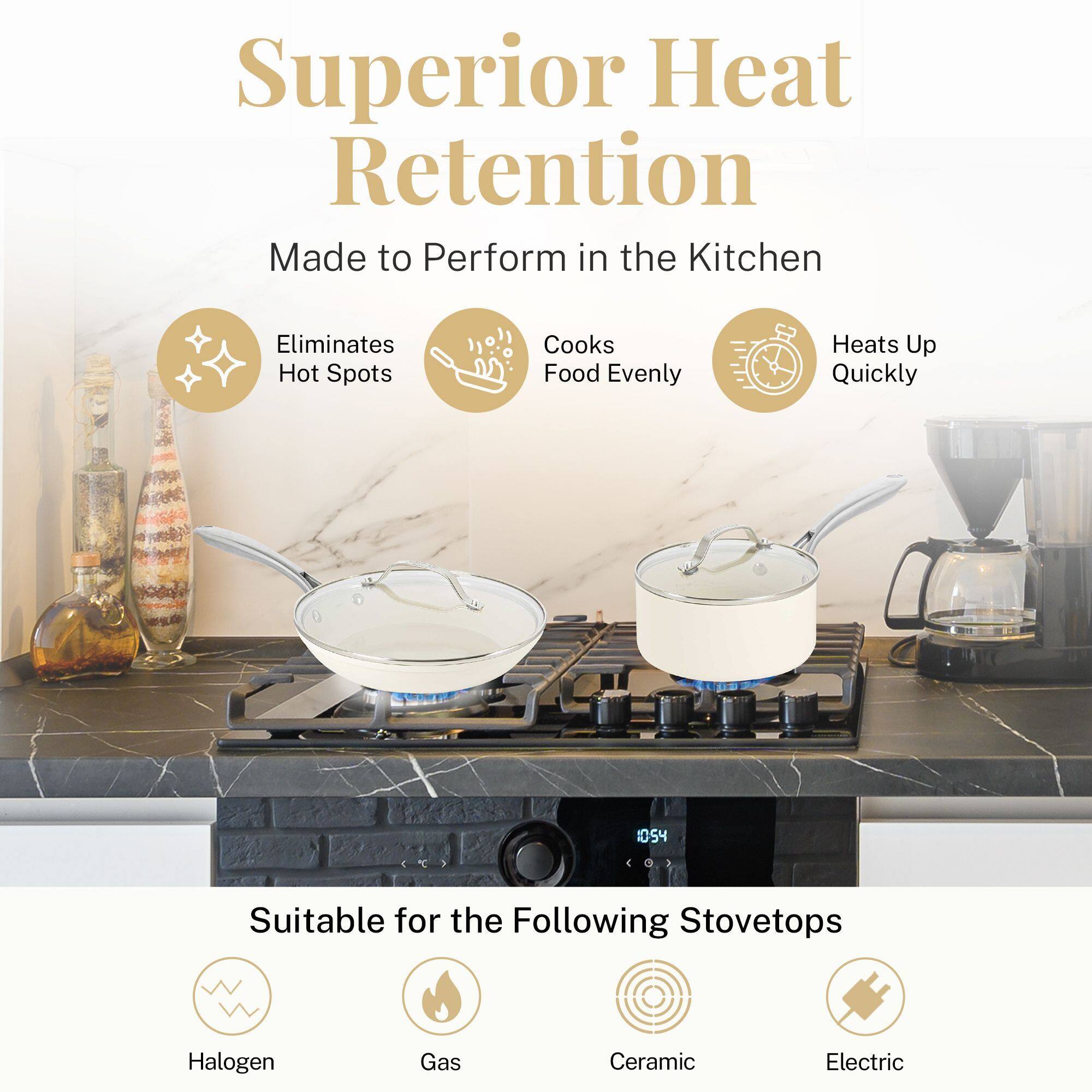 Superior Heat Retention
Made to Perform in the Kitchen
Eliminates Hot Spots
Cooks Food Evenly
Heats Up Quickly
Suitable for the Following Stovetops
Halogen
Gas
Ceramic
Electric