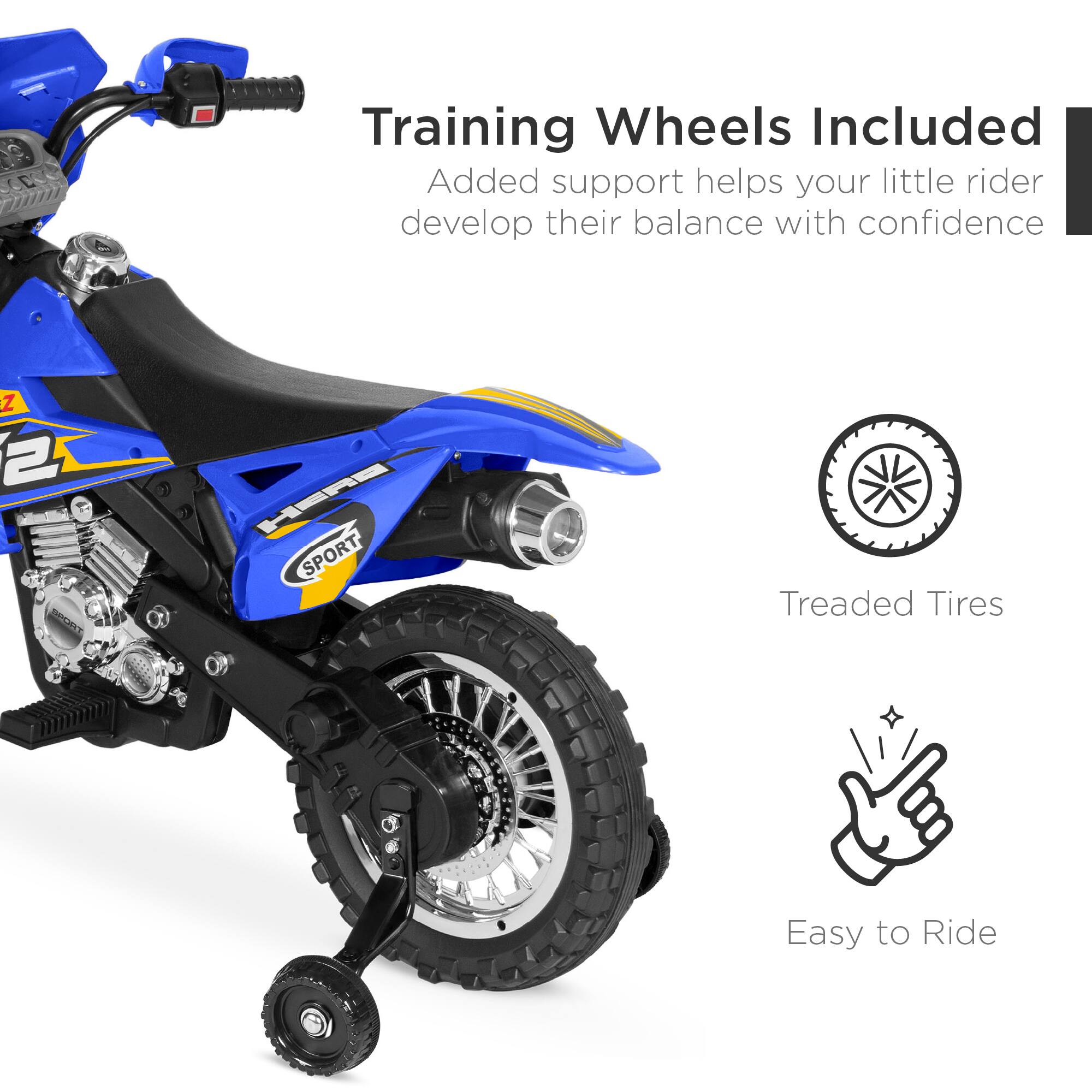 The corrected text is:

- Training Wheels Included: Added support helps your little rider develop their balance with confidence.
- Treaded Tires
- Easy to Ride