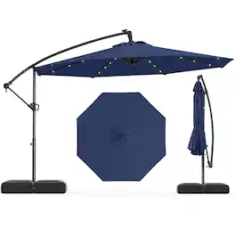 Costway - 10 FT Solar Offset Hanging Umbrella Patio Cantilever Umbrella with 32 LED Lights - Navy