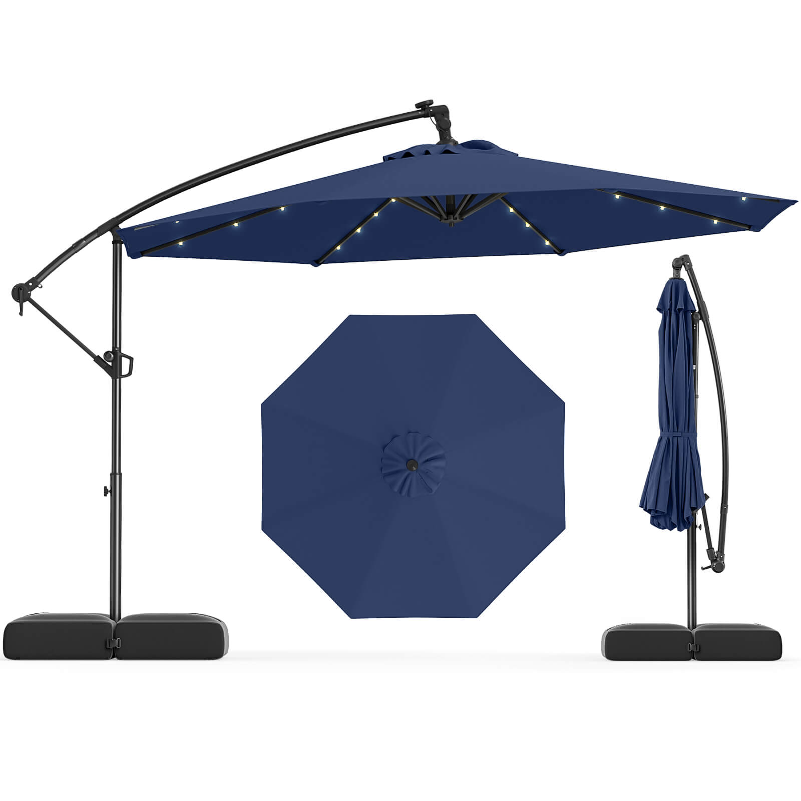 Costway - 10 FT Solar Offset Hanging Umbrella Patio Cantilever Umbrella with 32 LED Lights - Navy
