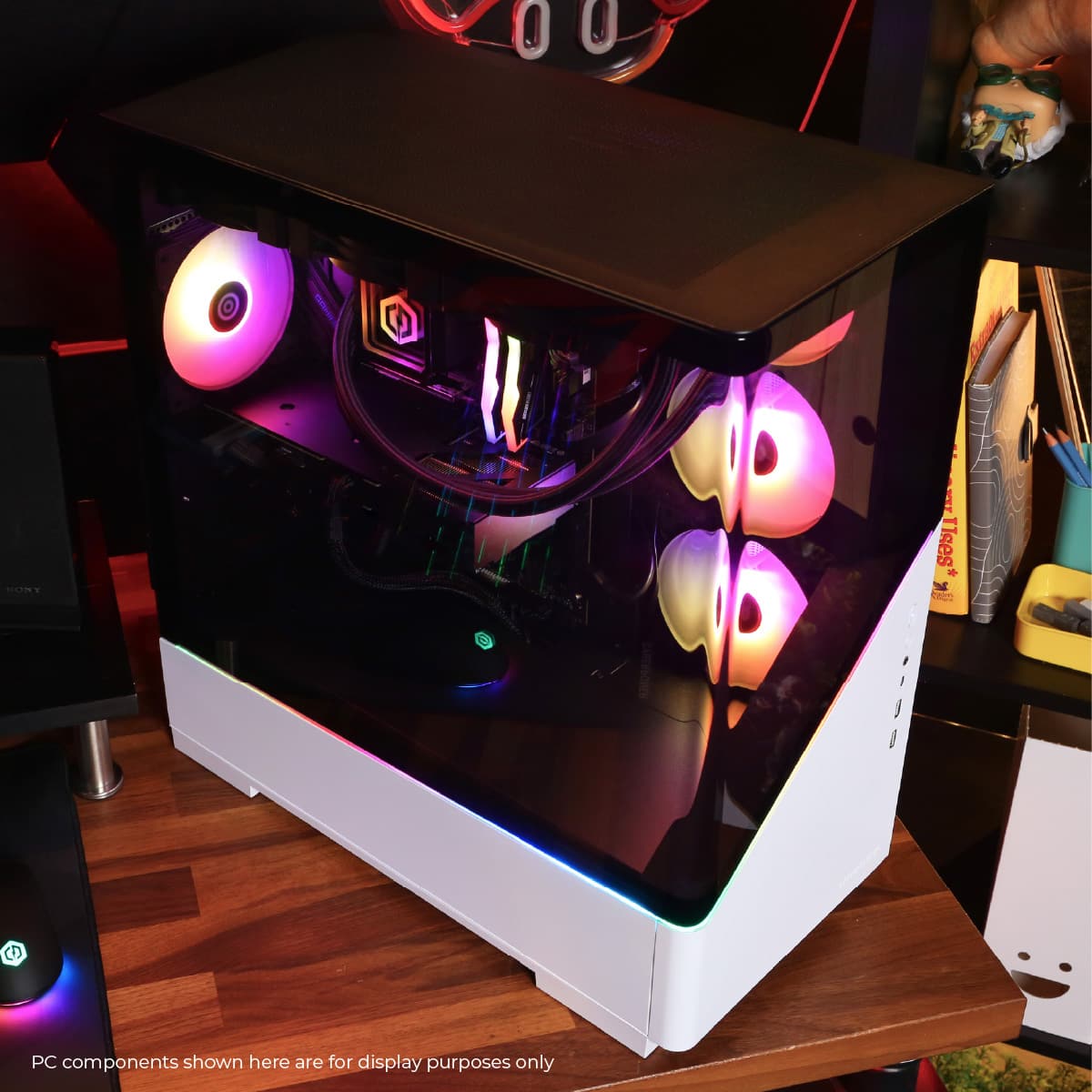 The text on the image reads, "PC components shown here are for display purposes only."