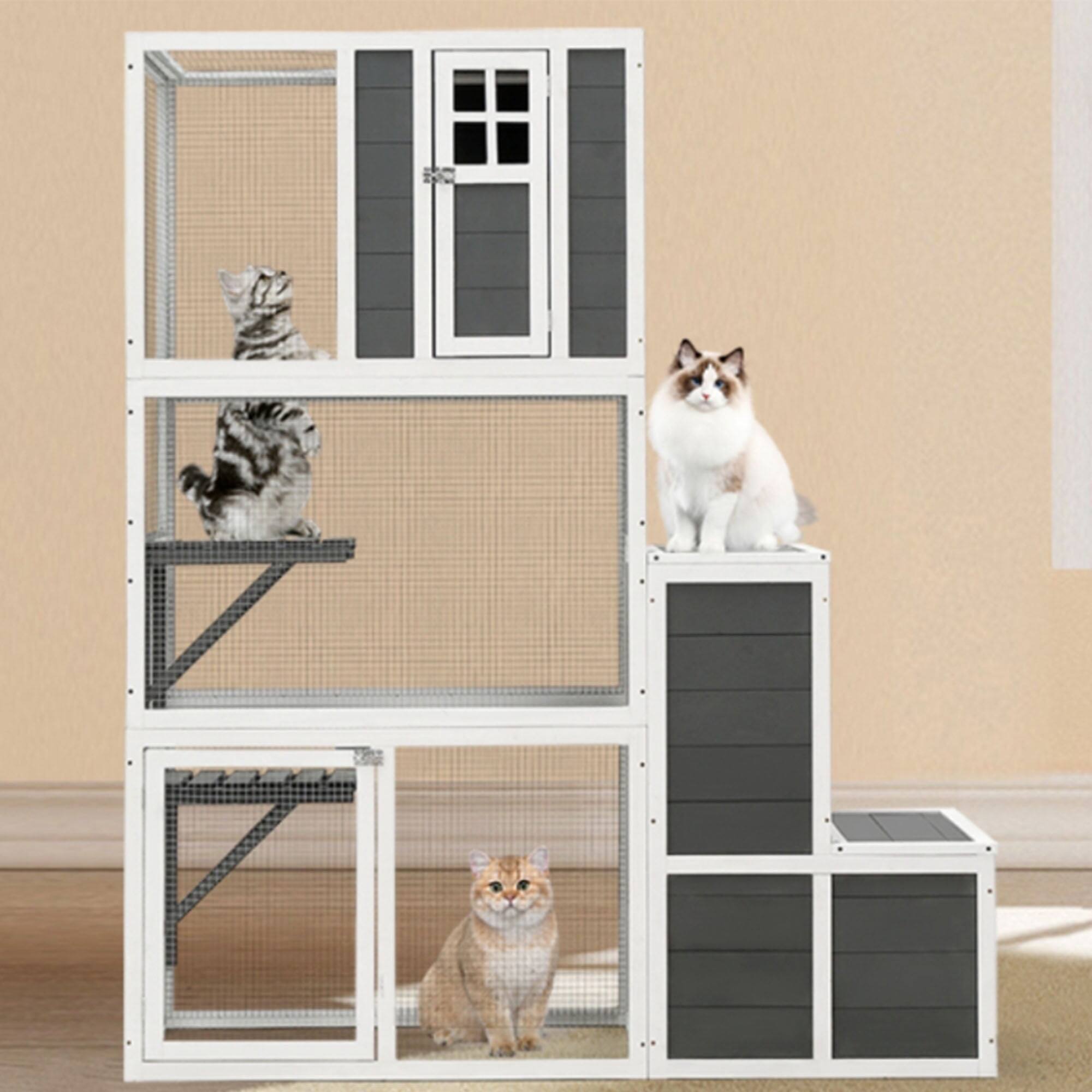 Alt View 5. Pefilos - 71" 3-Tier Wood Outdoor Cat Cage with 4 Platforms, 2 Doors, Cat Enclosure for 1-3 Cats, Cat House Shelter.