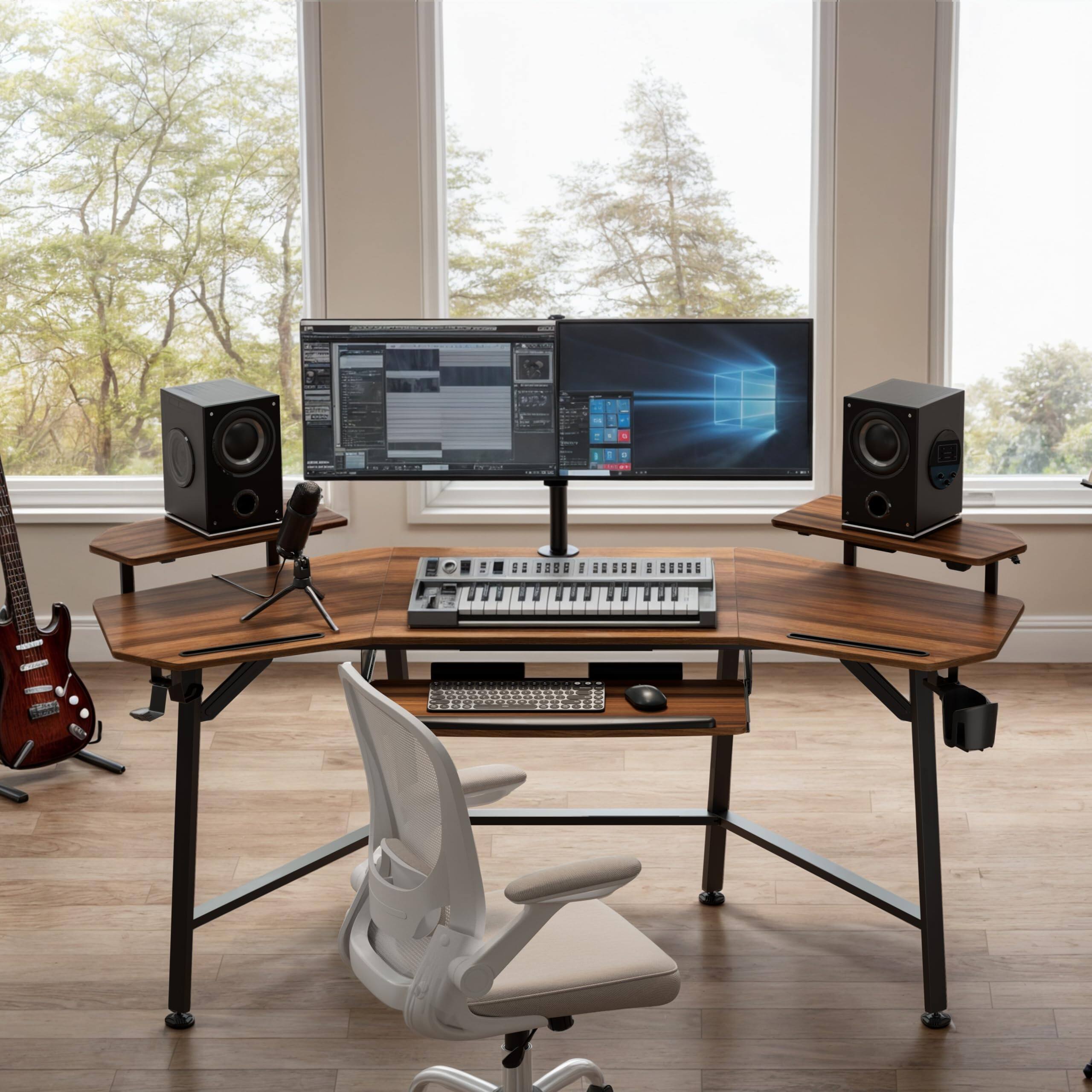 Eureka Ergonomic - 72" Wing-Shaped Gaming Desk with Keyboard Tray, Dual RGB Monitor Shelves & Headphone Hooks for Recording Live Streame - Walnut