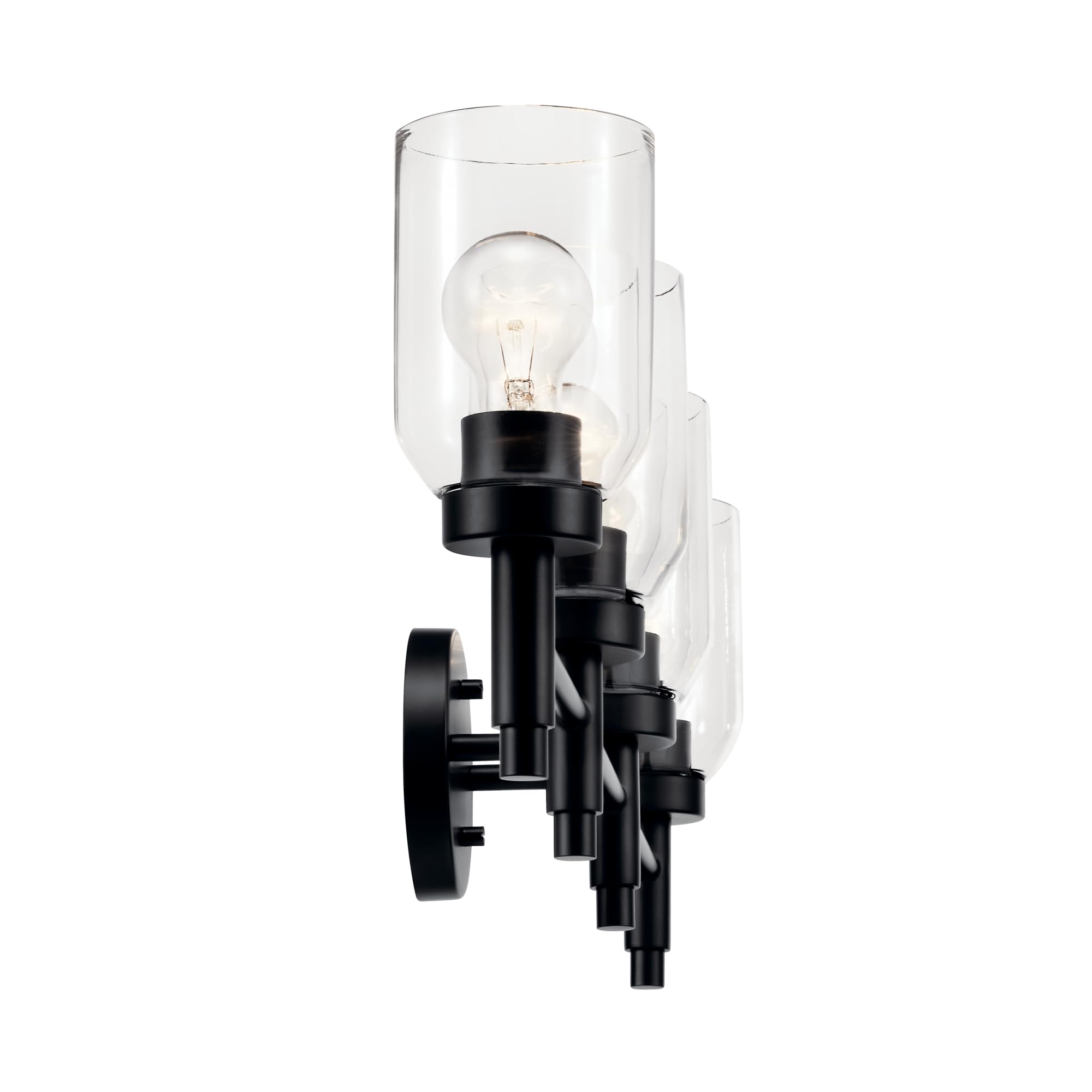 Back. Earthley Blooms - Madden Vanity With Clear Glass In Sloped Ceiling Compatible For Single Or Double Bathroom bk - Chrome 4 Light.