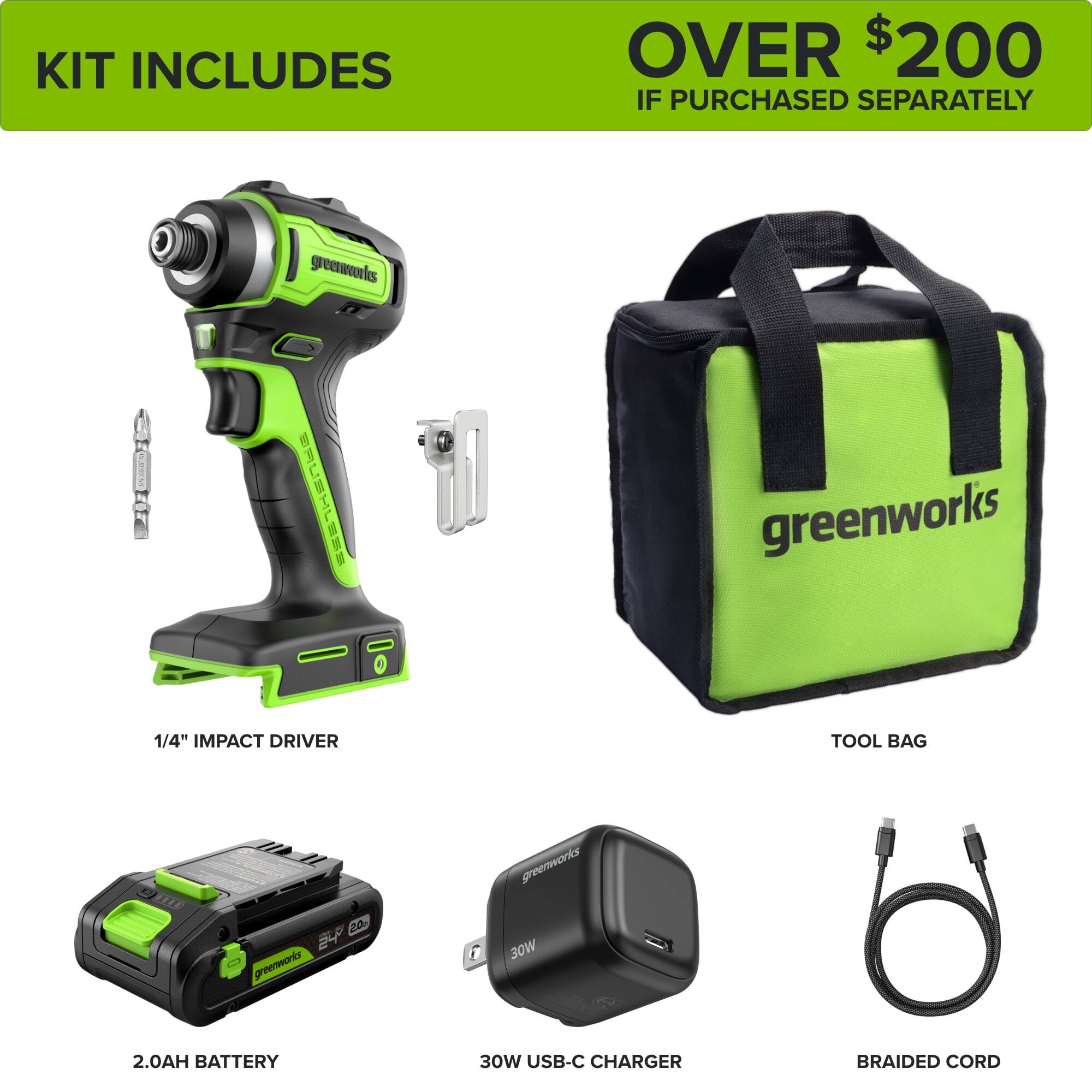 KIT INCLUDES OVER $200 IF PURCHASED SEPARATELY

1/4" IMPACT DRIVER

TOOL BAG

2.0AH BATTERY

30W USB-C CHARGER

BRAIDED CORD