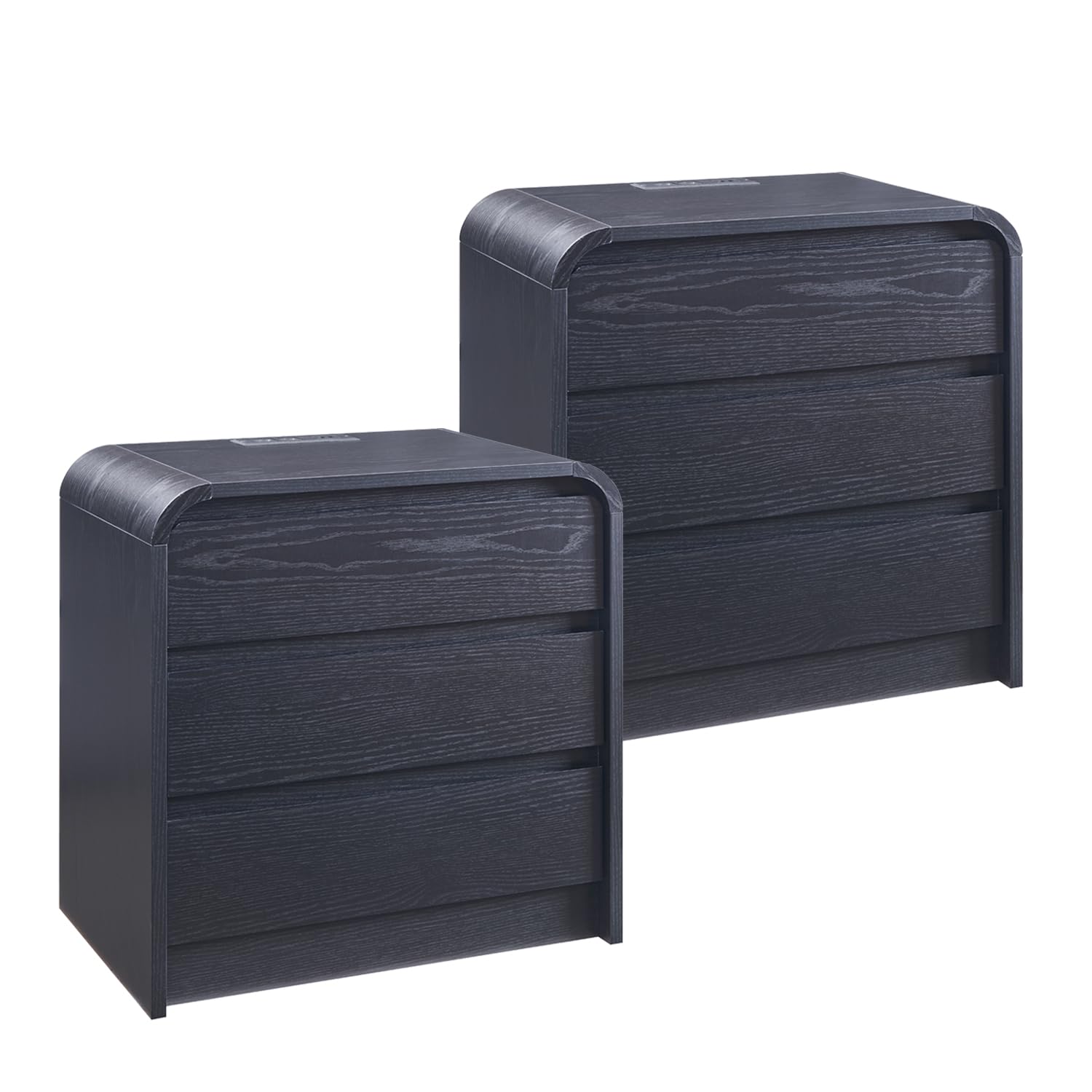 Front. CovertSafe - 25" Modern Nightstand with Charging Station 3-Drawer Curved Bedroom End Table - Black 2 PC.