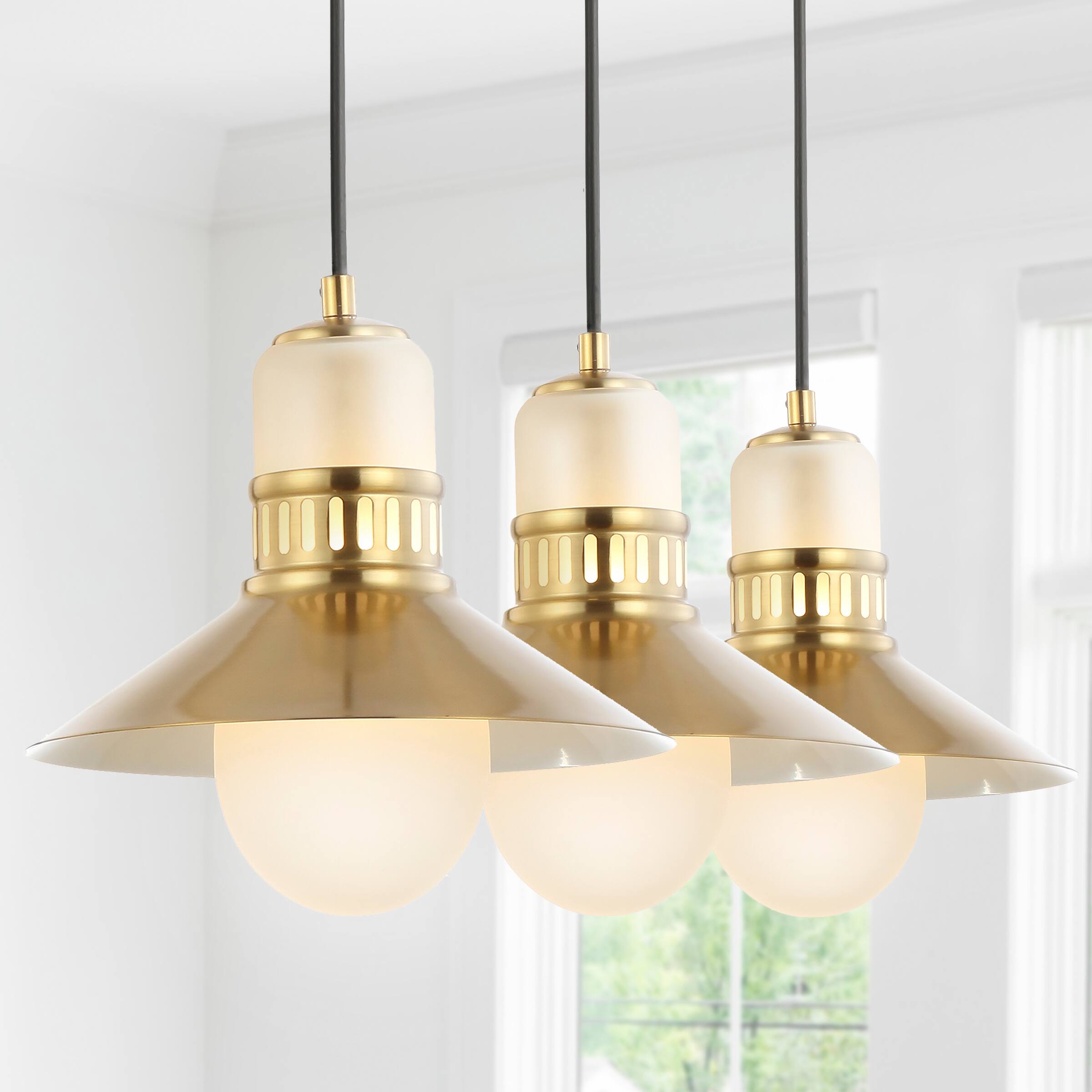 Alt View 1. Jonathan Y - Colin 3-Light 35" Adjustable Iron/Glass Retro Hurricane Triple Linear LED Pendant, Brass Gold - Brass Gold.