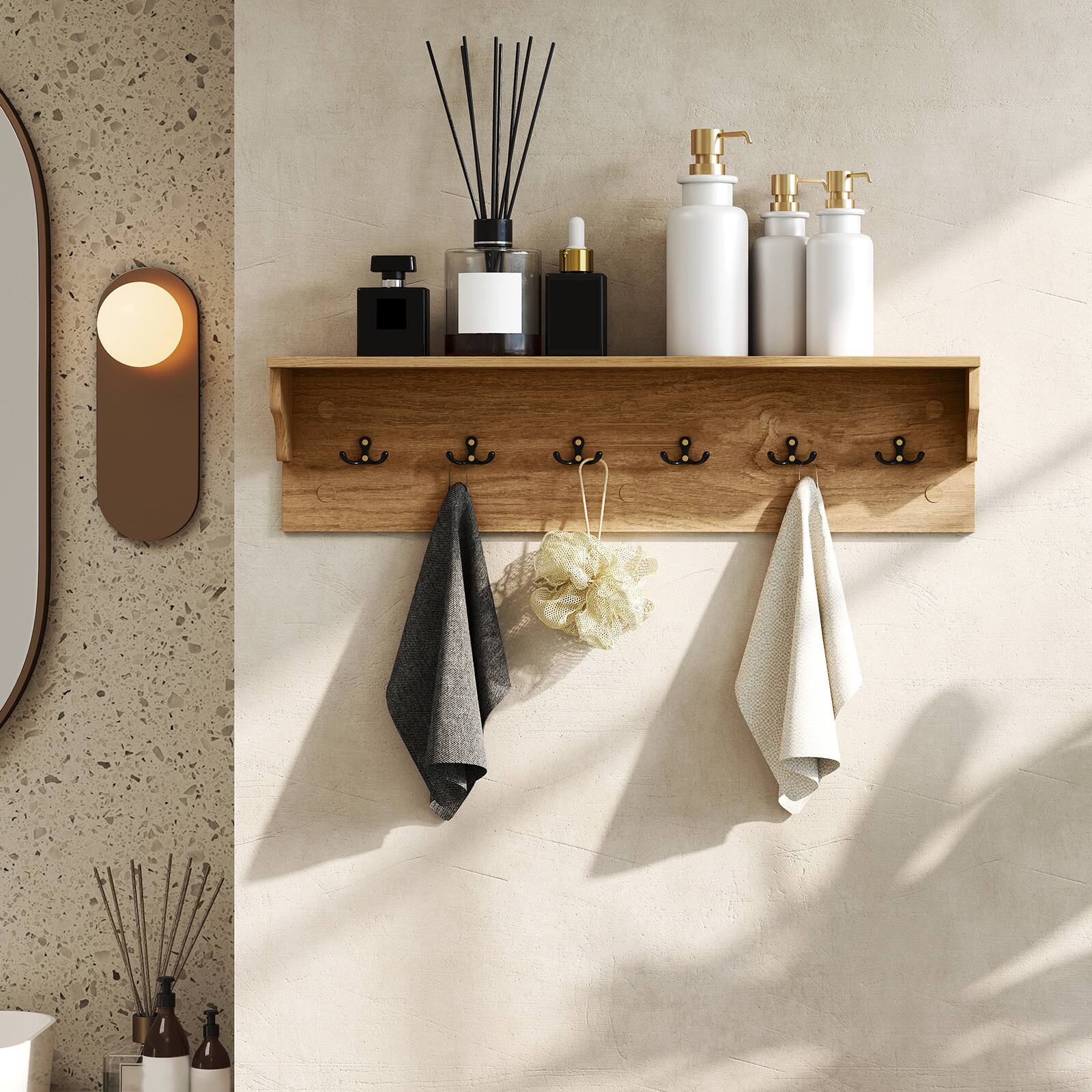 Alt View 5. Gymax - Gymax 31.5'' Wall Hooks w/Shelf 6 Hooks for Hats Towels Purses Robes for Living Room Natural - Yellow.