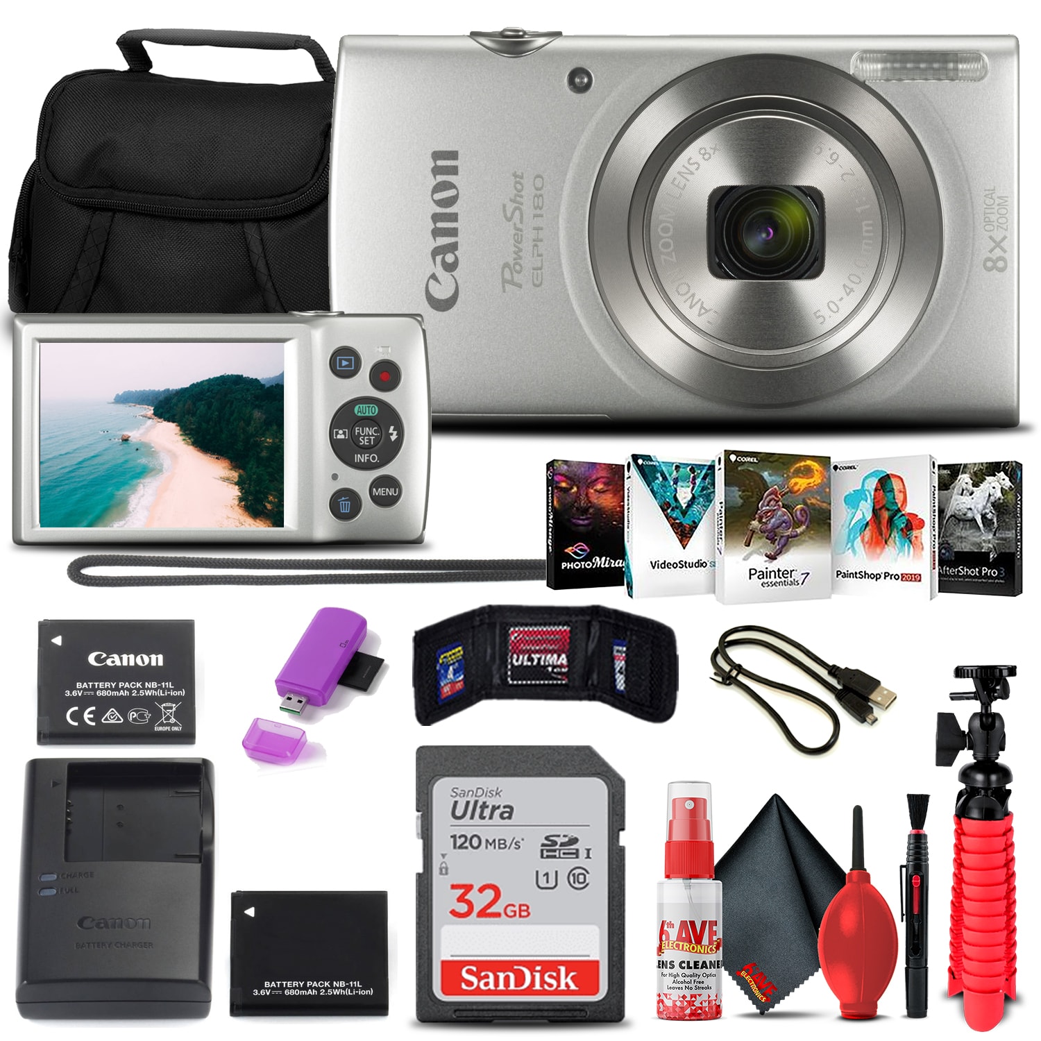 Canon - PowerShot ELPH 180 Digital Camera (Silver) + 32GB Card + More Bundle
