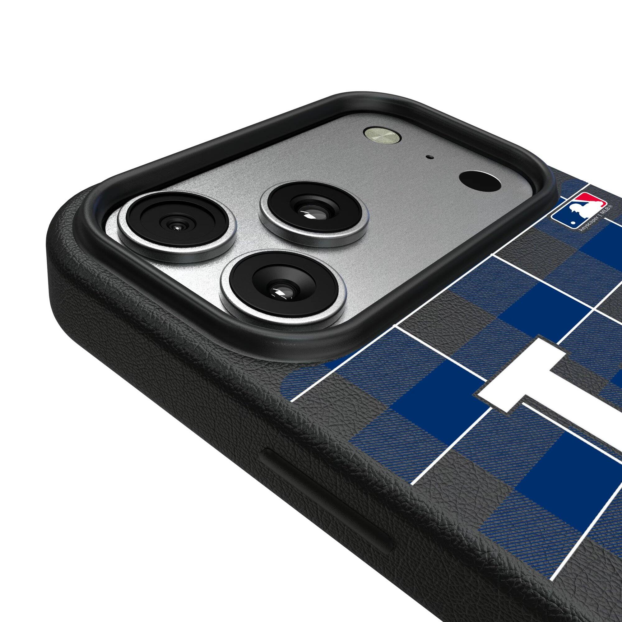 Alt View 2. Keyscaper - Los Angeles Dodgers Plaid Magnetic Bump iPhone Case - 15 Pro Max - Black.