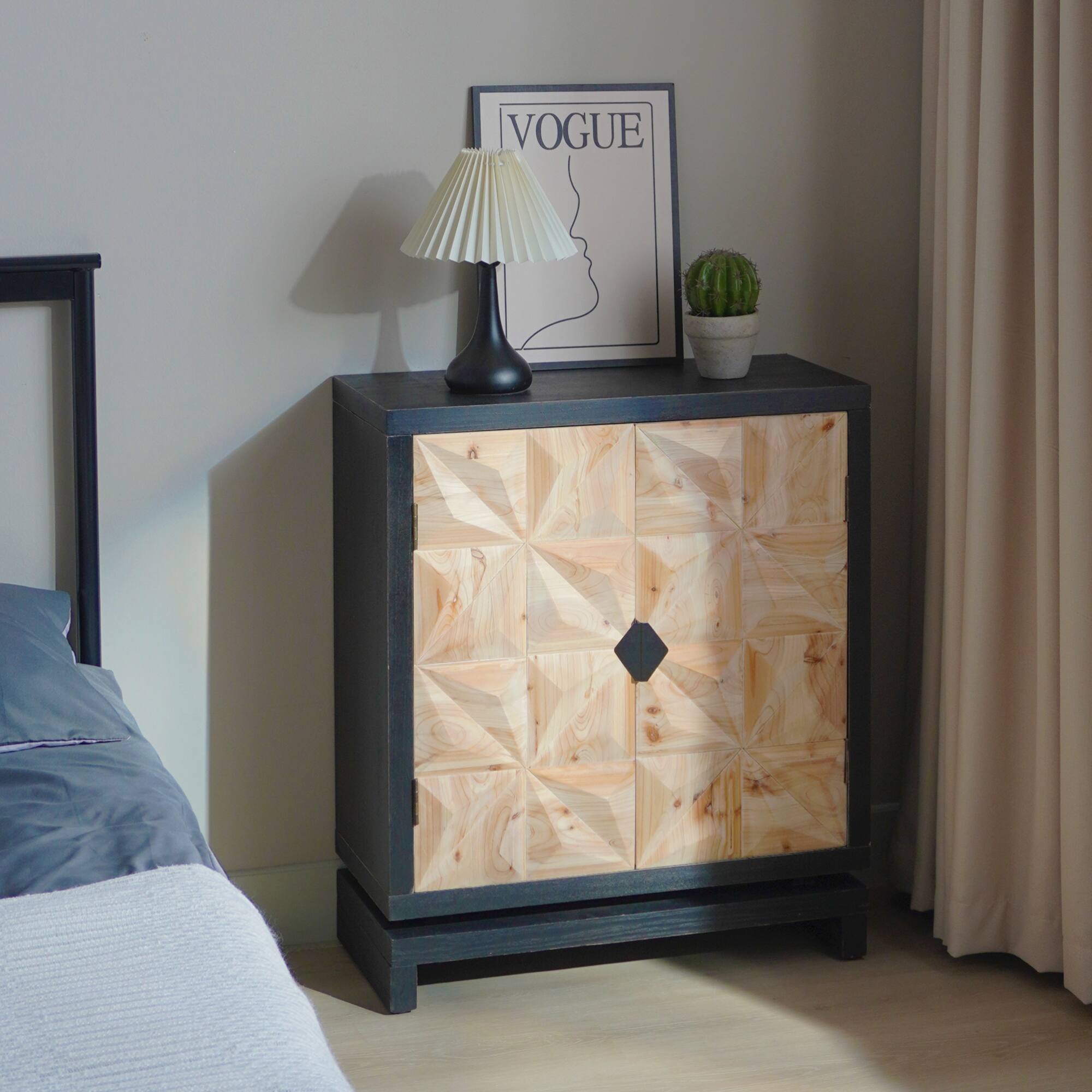 Back. GOODSILO - Modern Geometric Carved Double-Door Storage Cabinet with Elegant Design and Ample Space - Black+Natural.