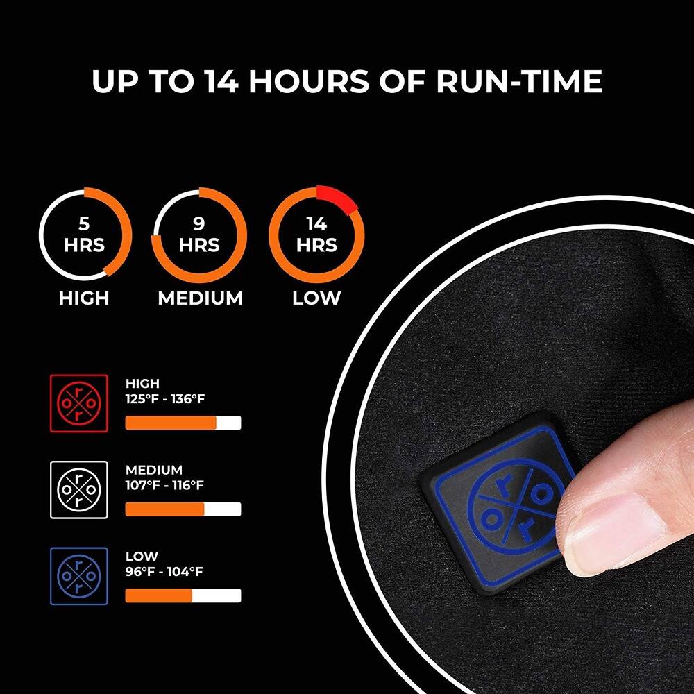 UP TO 14 HOURS OF RUN-TIME

5 HRS  
HIGH  
125°F - 136°F

9 HRS  
MEDIUM  
107°F - 116°F

14 HRS  
LOW  
96°F - 104°F