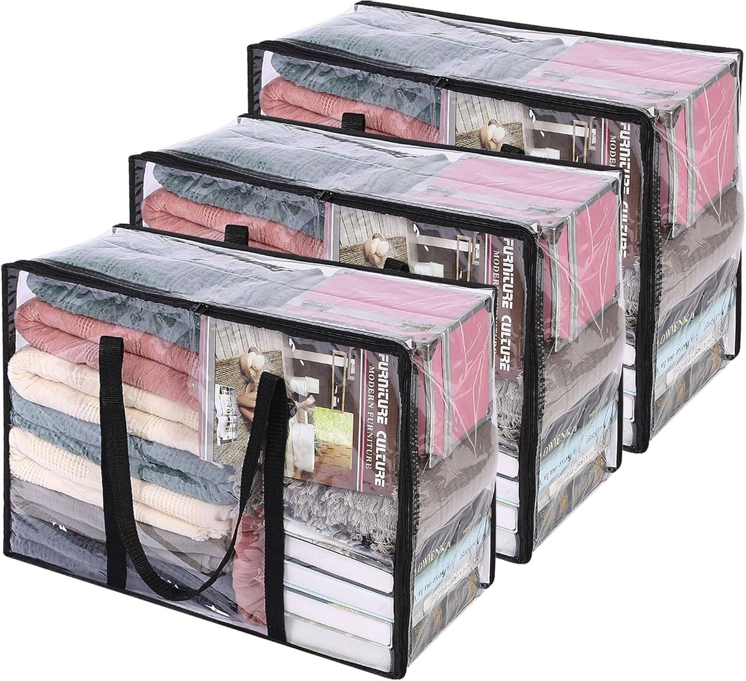 RTMB - 3-Pack Clear Clothes Storage Bags, 40L Plastic, Zippered and Foldable